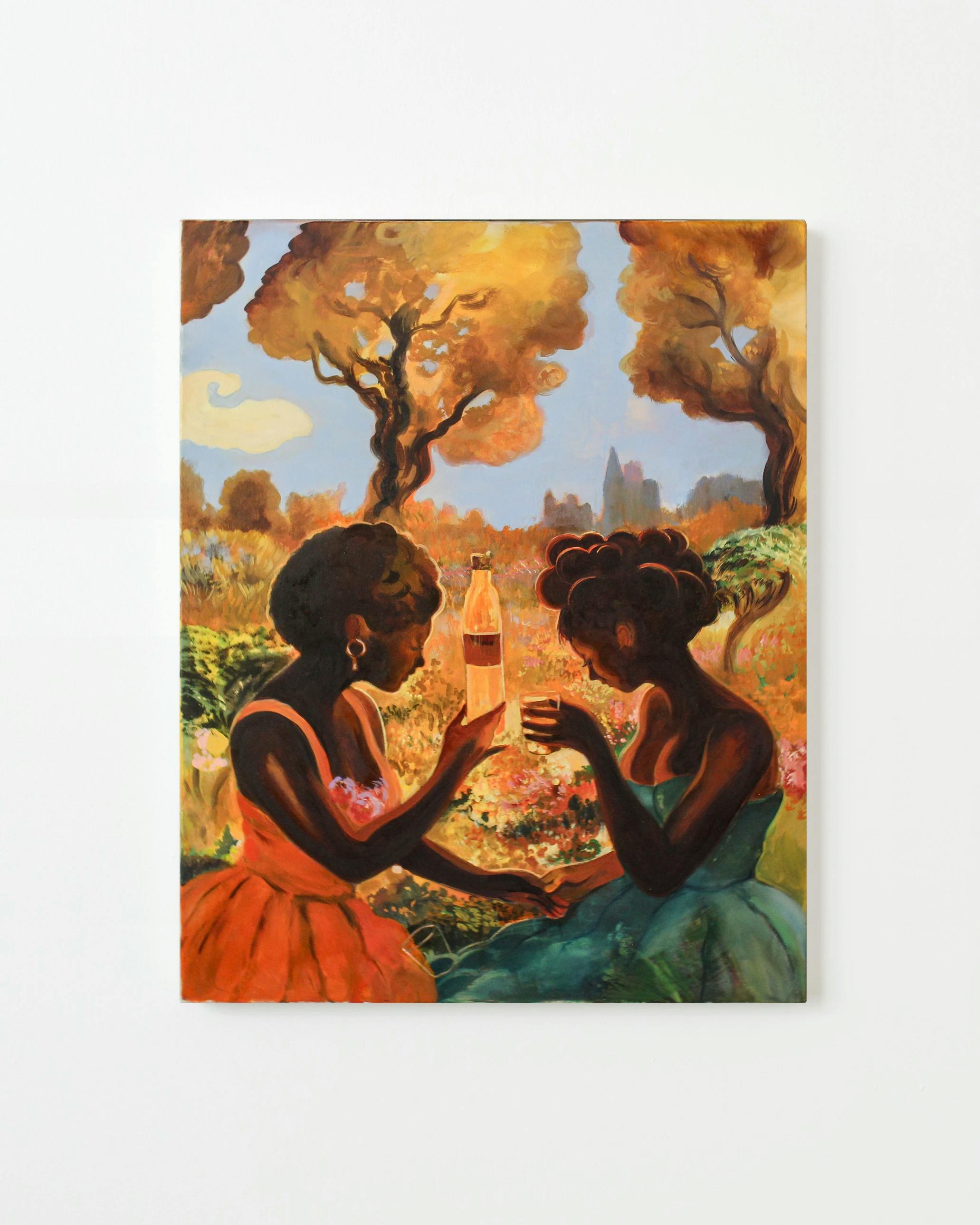 A figurative painting by artist Nefertiti Jenkins of two women in dresses sharing a drink while sitting in a field of golden orange trees.