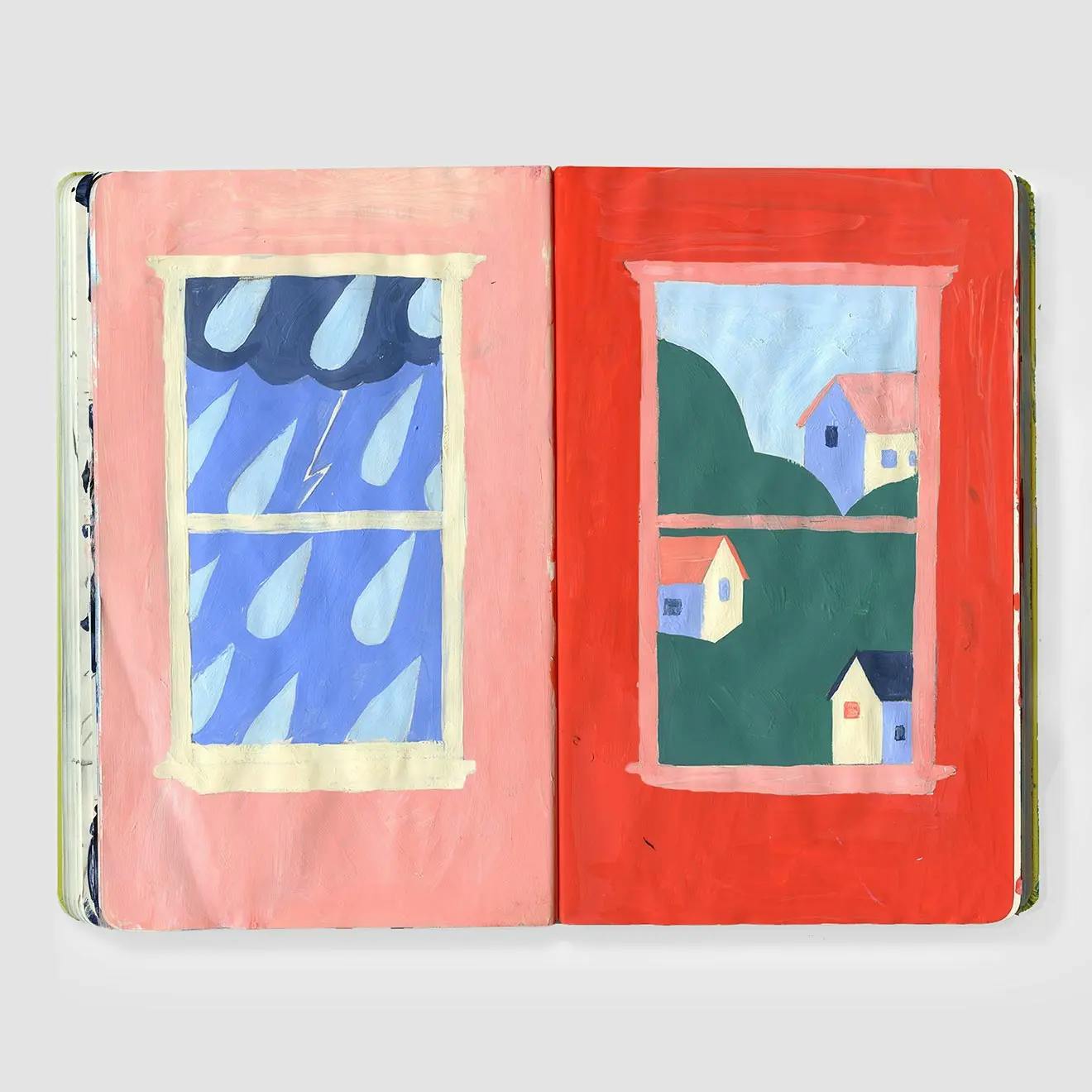 Artist Jackson Joyce's journal with colorful paintings of window scenes.