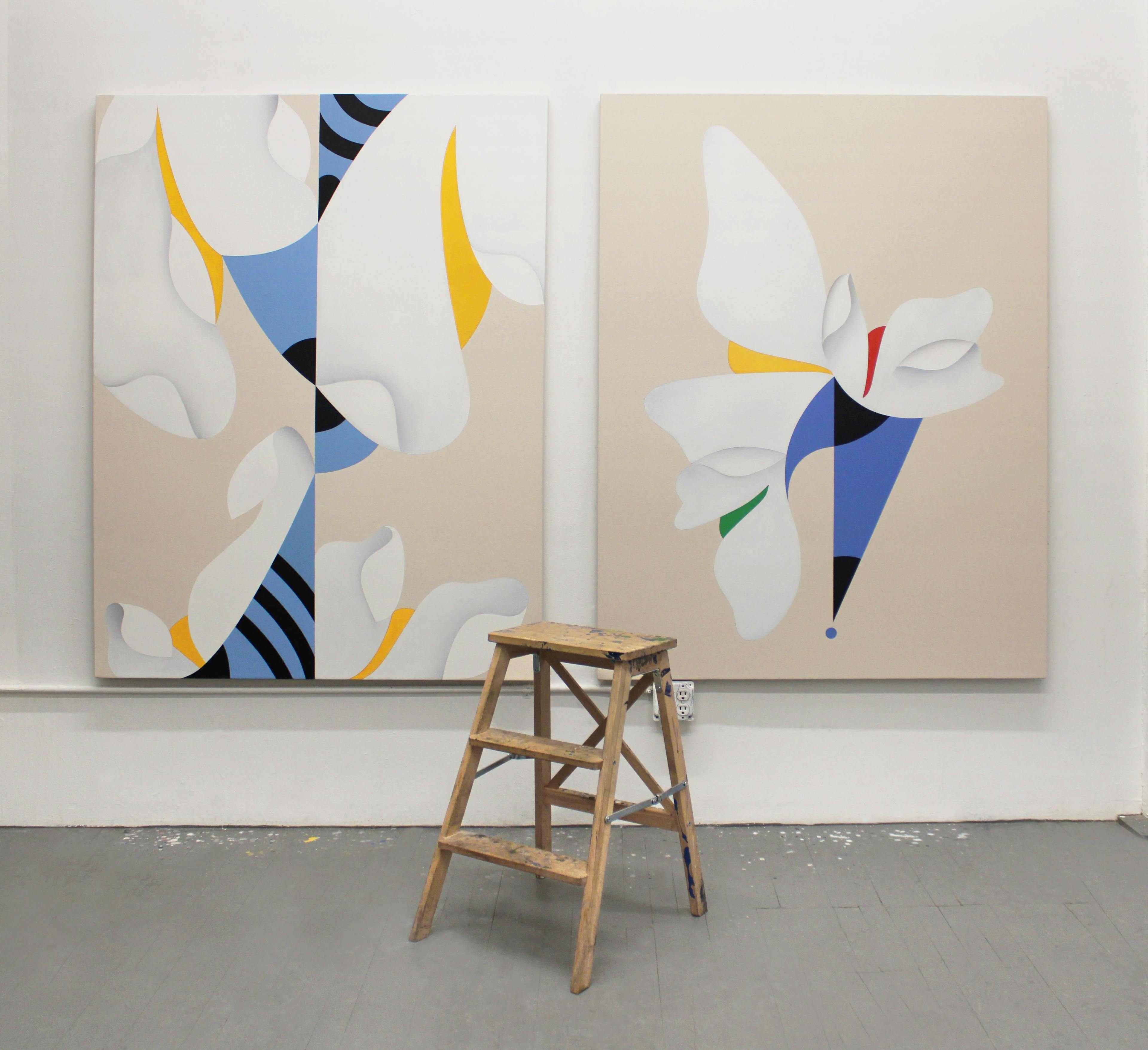 Two large beige, white, yellow, blue and black paintings in Senem Oezdogan's studio. 