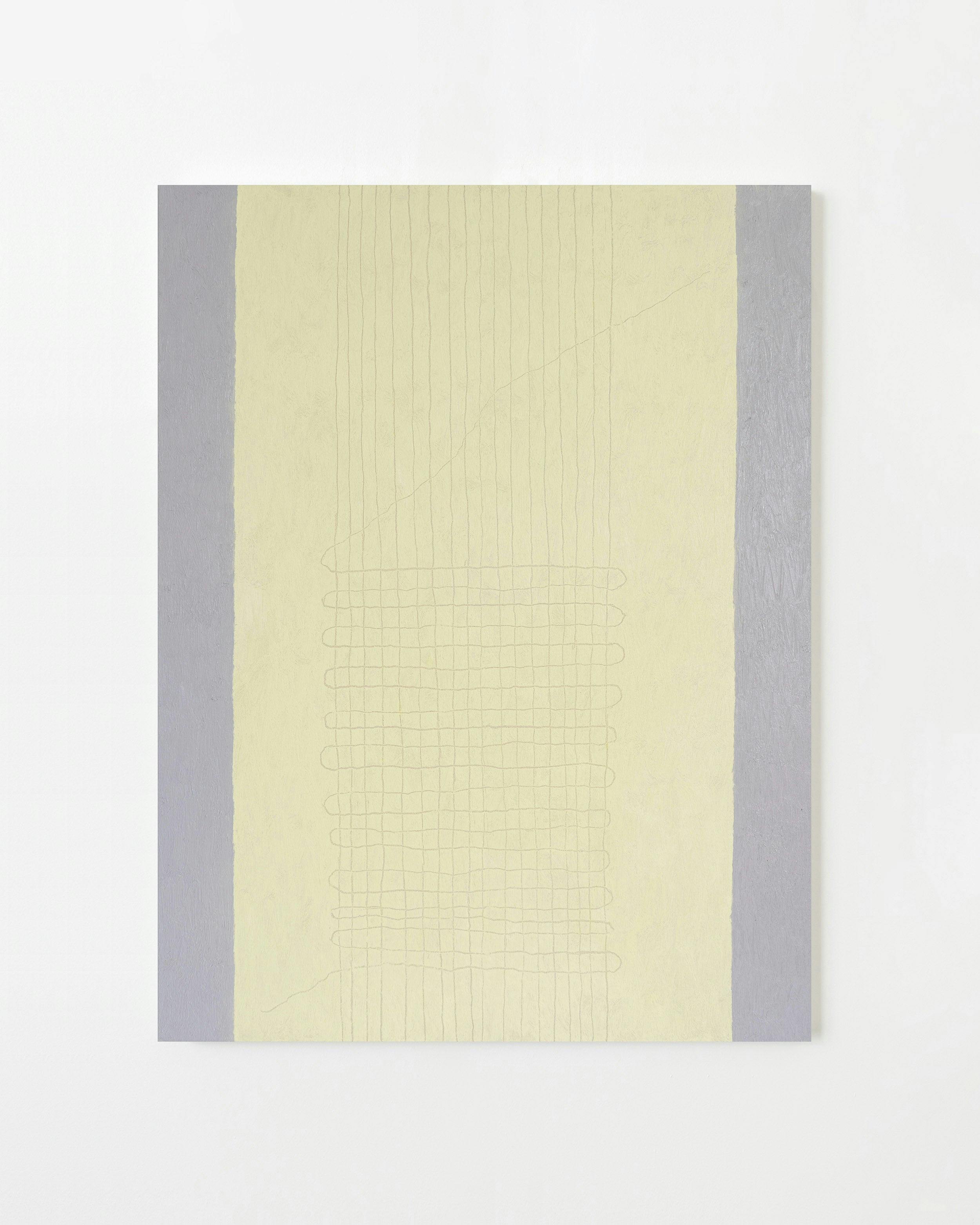 Painting by Aschely Vaughan Cone titled "Pale Loom I, Found Thread, Yellow and Grey".