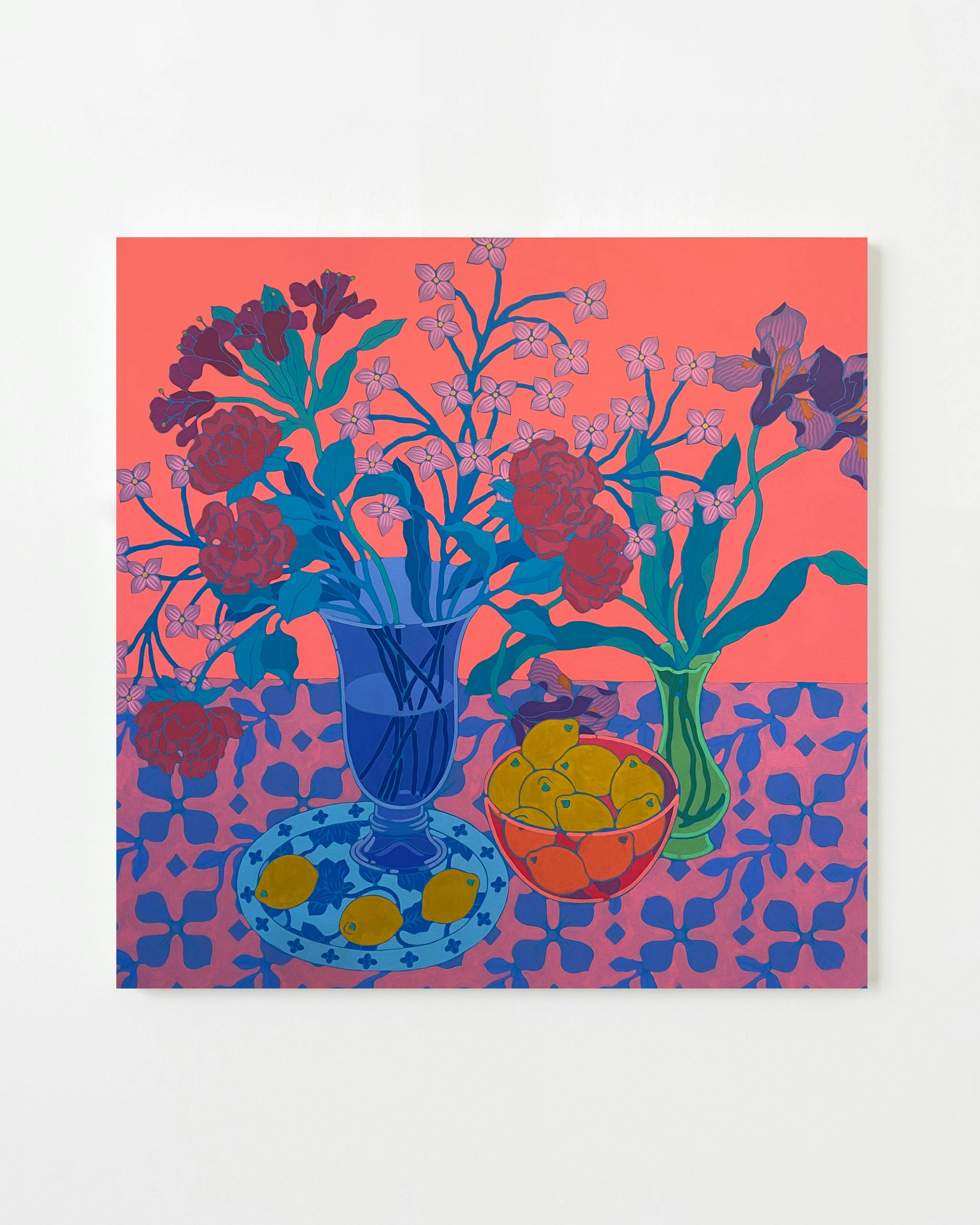 Painting by Sarah Ingraham titled "Blue Vase with Thirteen Lemons".