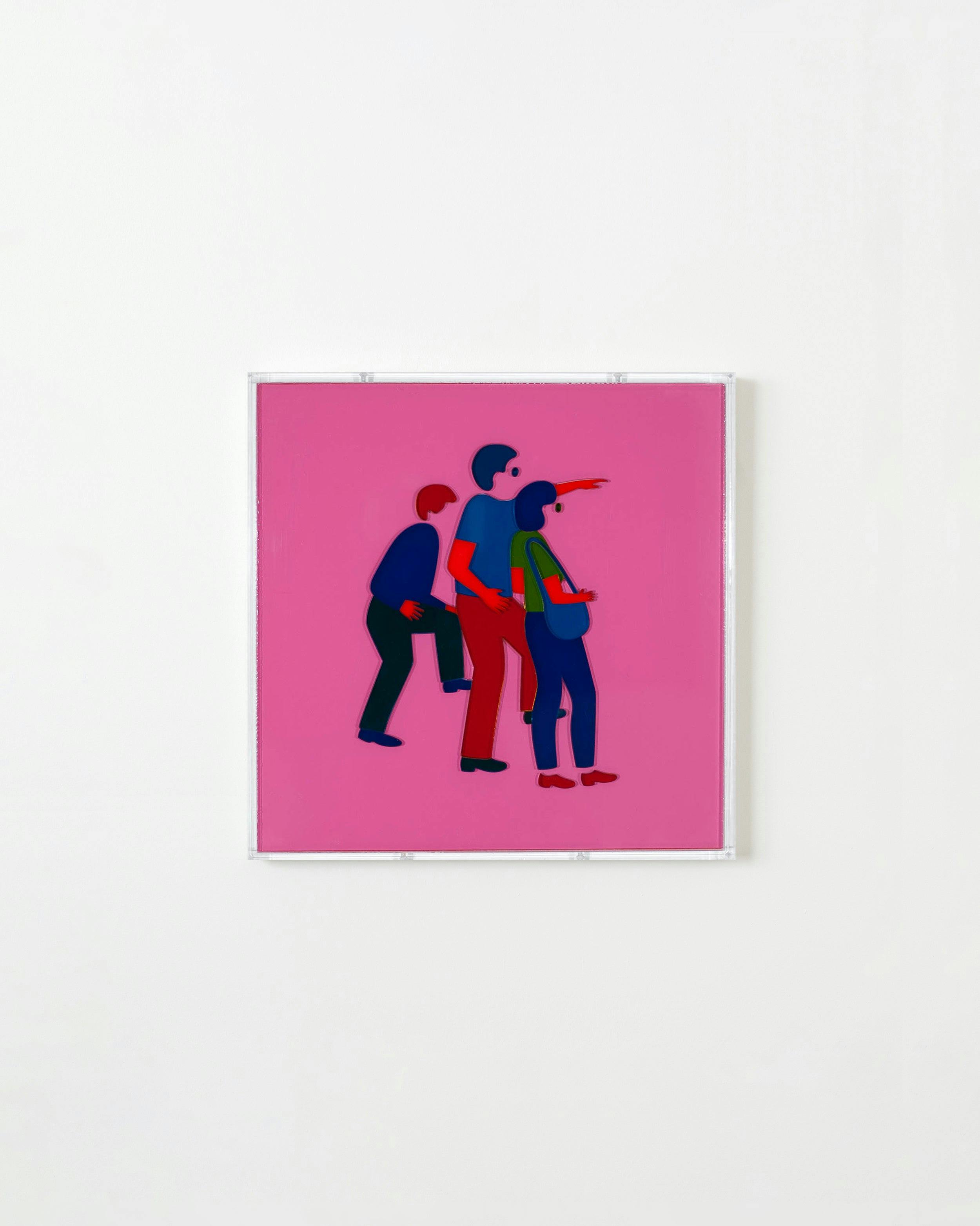 Mixed Media by Dana Bell titled "Three Tourists Point to the Right (Pink, Red, Green and Blue)".