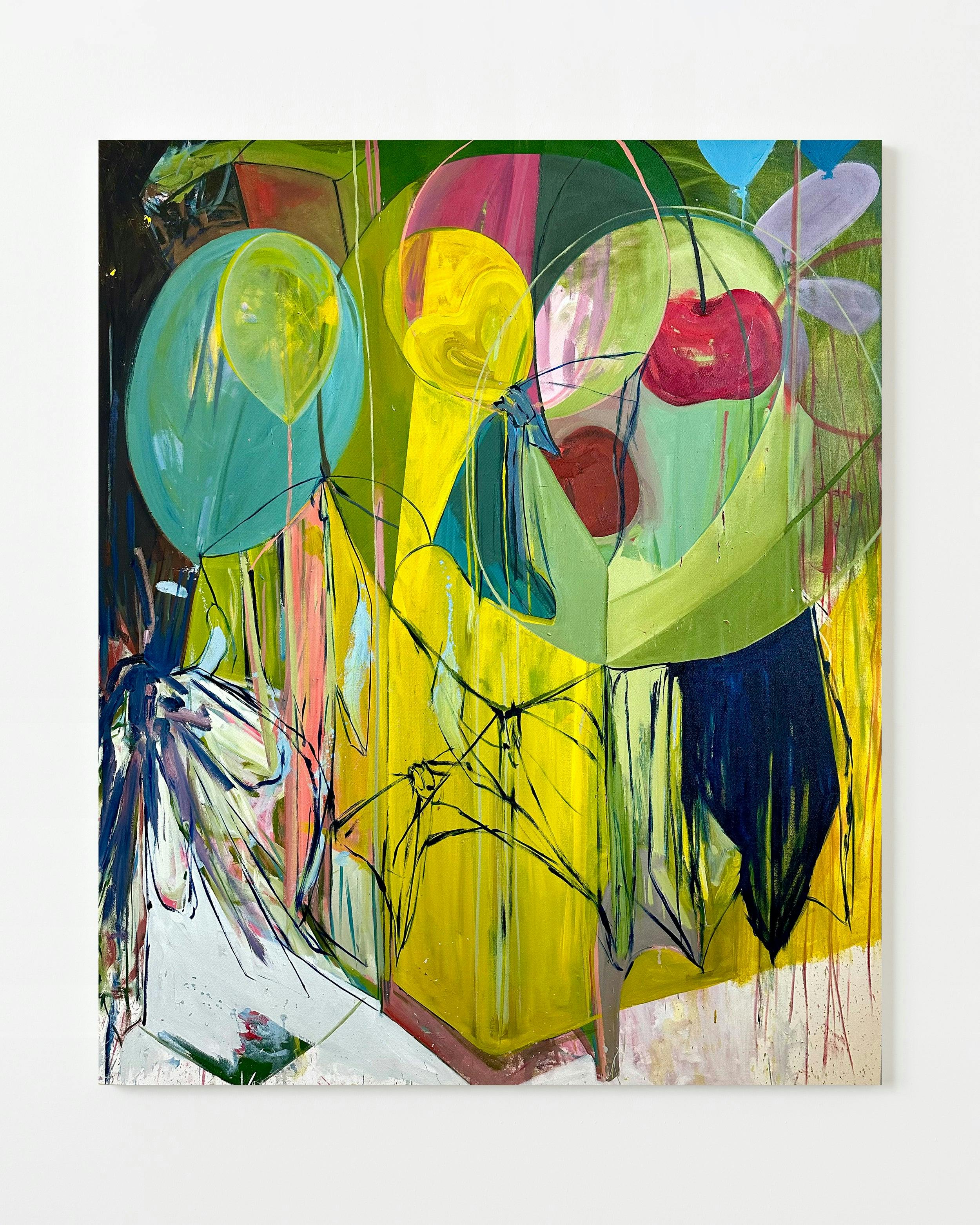 Painting by Diana Delgado titled "Balloons, Bows and Cherries (Yellow Corner)".