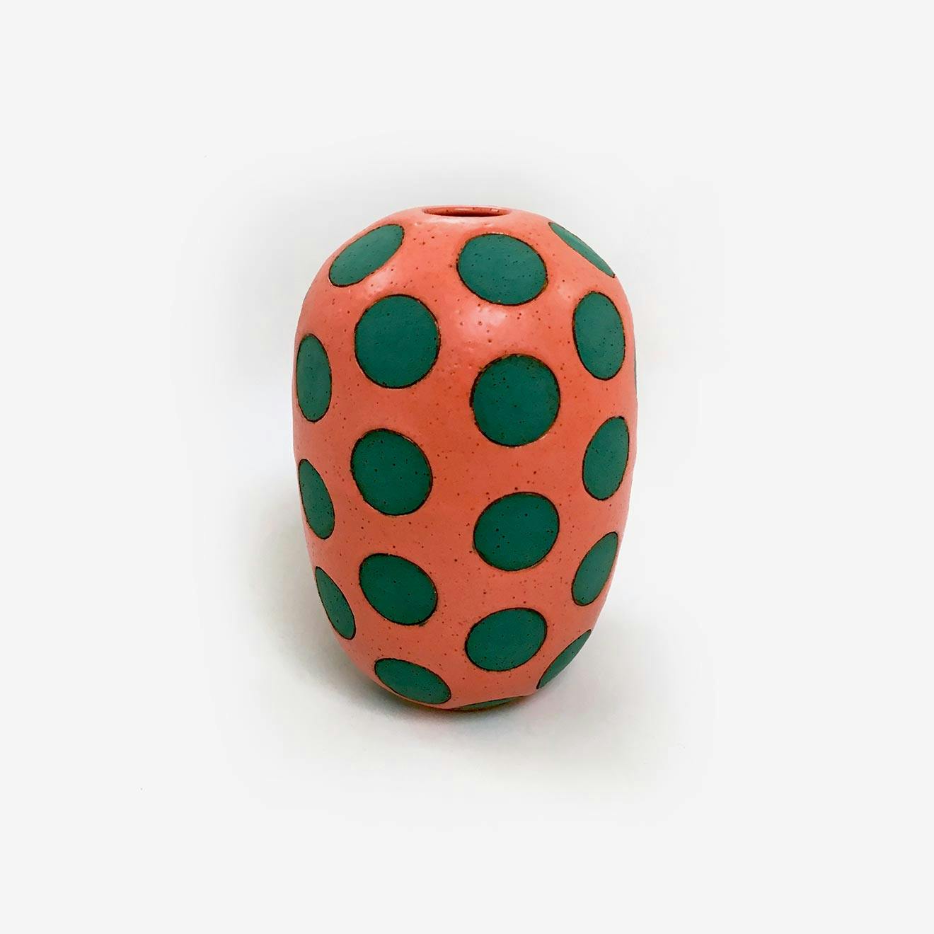 Sculpture by Matthew Ward titled "Coral and Green Polka Dot Vase".