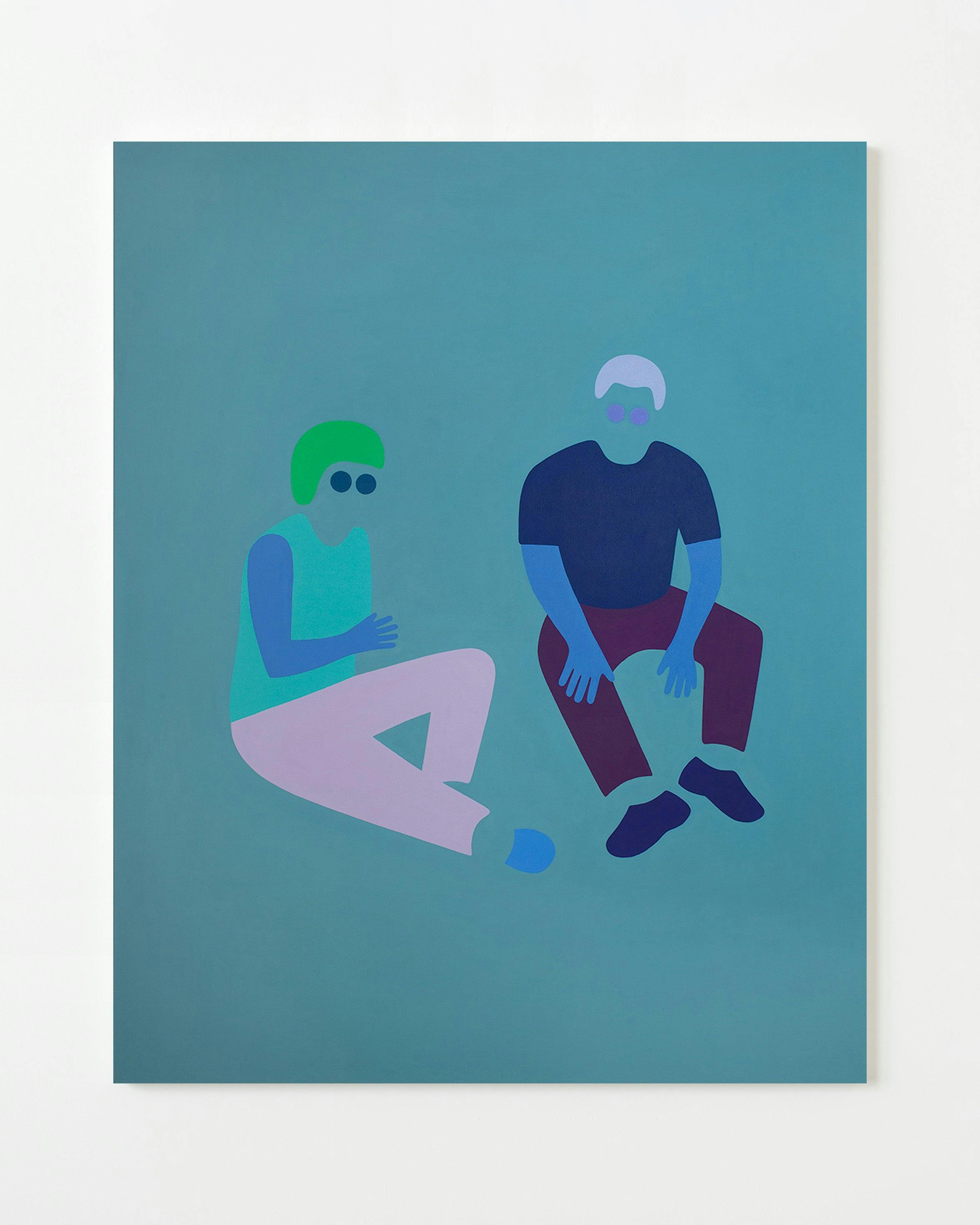 Painting by Dana Bell titled "Two Sitting on Ground (Blue and Pink)".