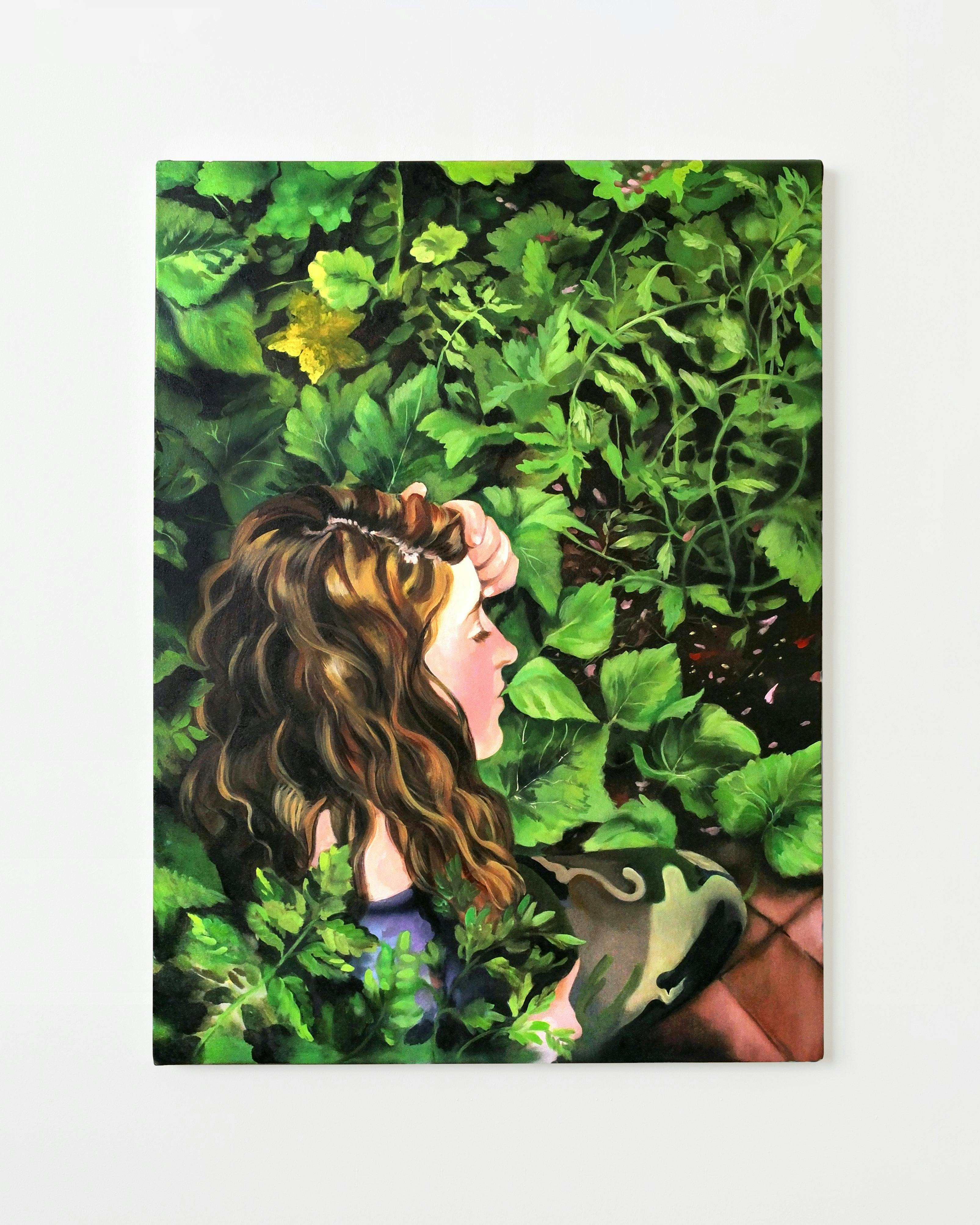 Painting by Nefertiti Jenkins titled "Jen in Mom's Garden".