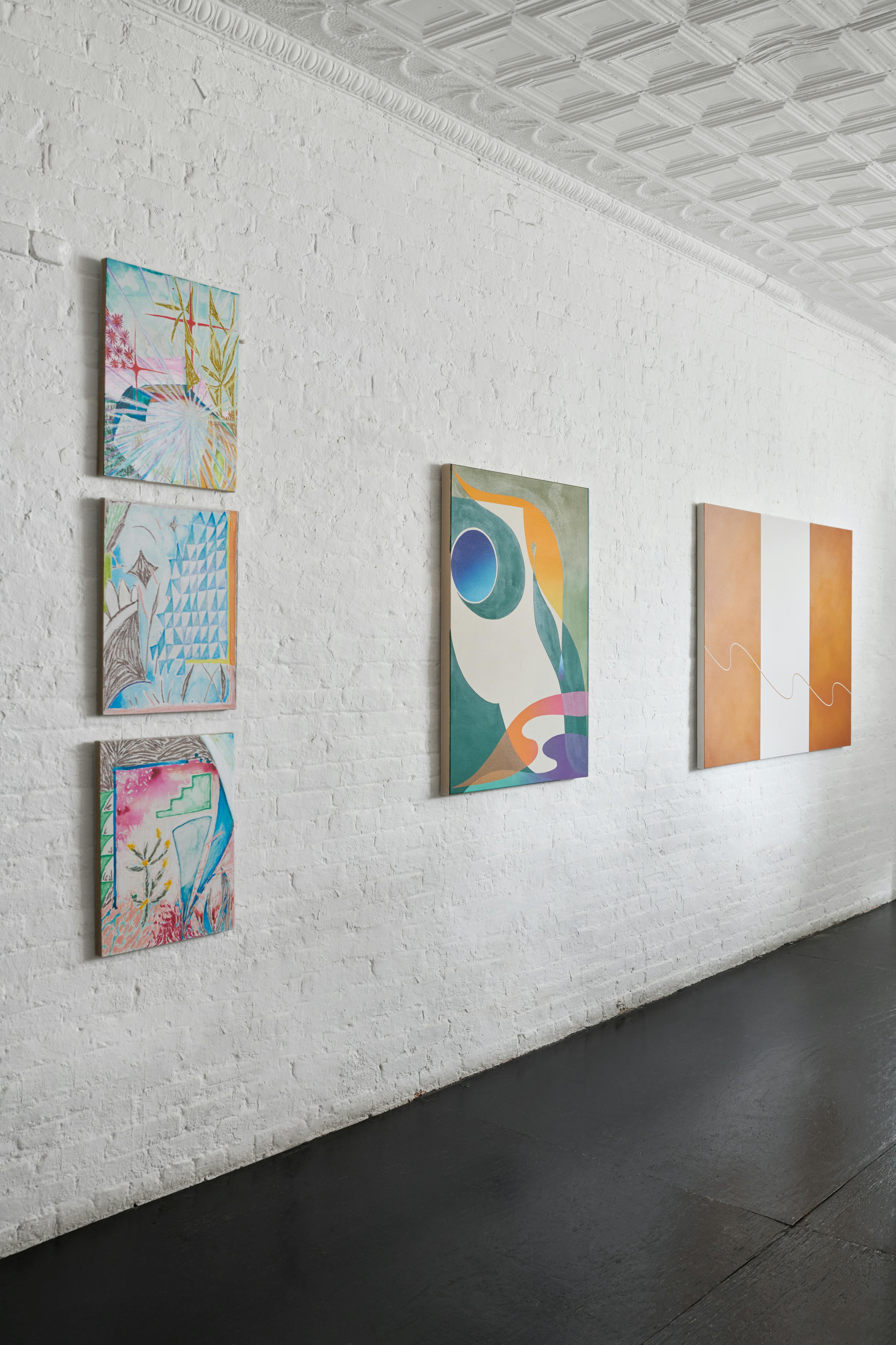 Paintings by Tyler Scheidt, Erin Zhao, and Senem Oezdogan installed at Uprise Art for exhibition Keepsake.