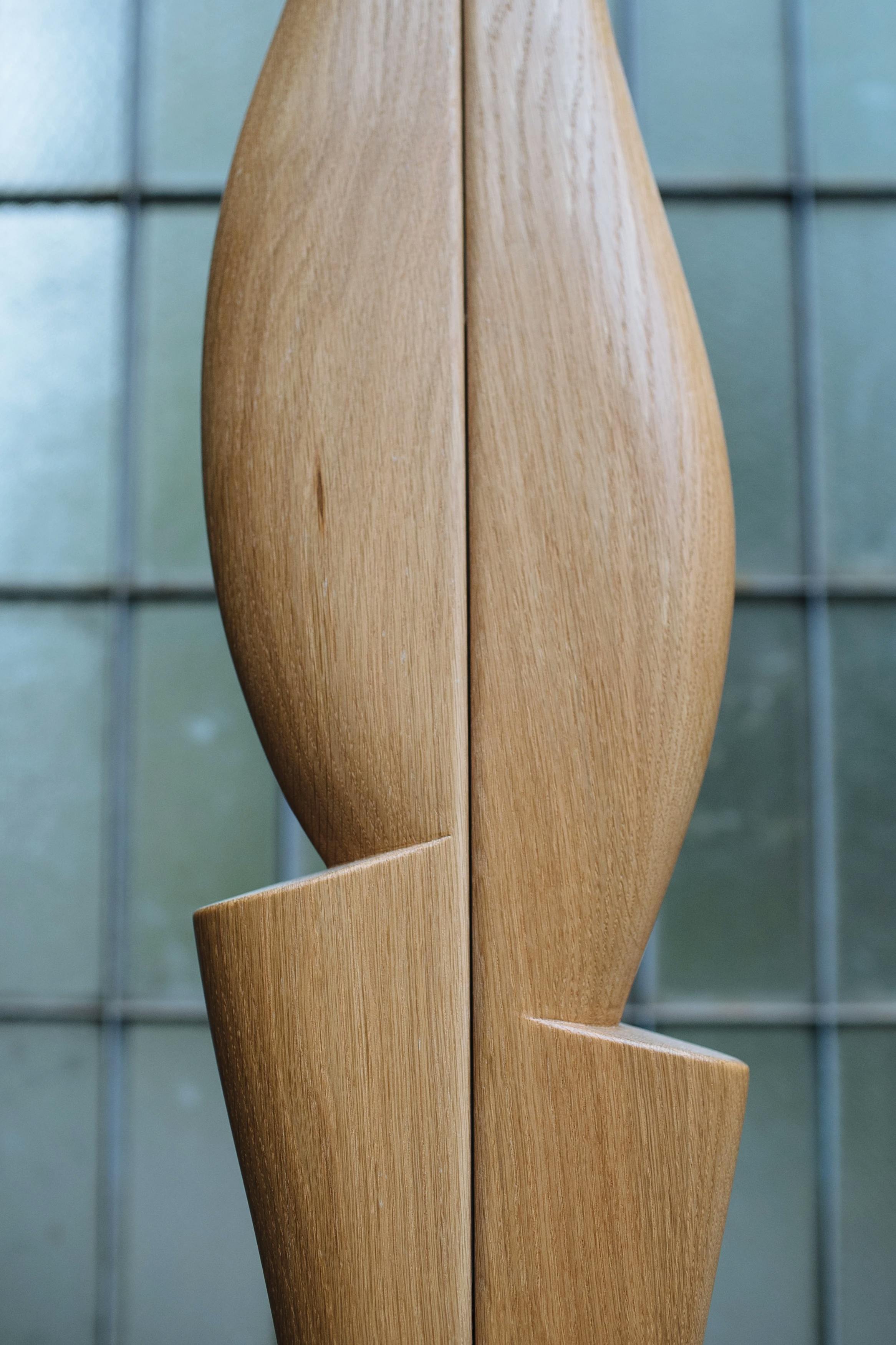 Close-up of a wooden sculpture by artist Fitzhugh Karol.