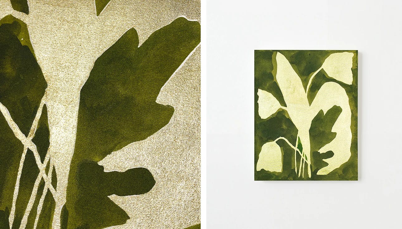 Green floral painting with gold leaf by artist Kate Roebuck, as part of our 25 one-of-a-kind anniversary gifts.
