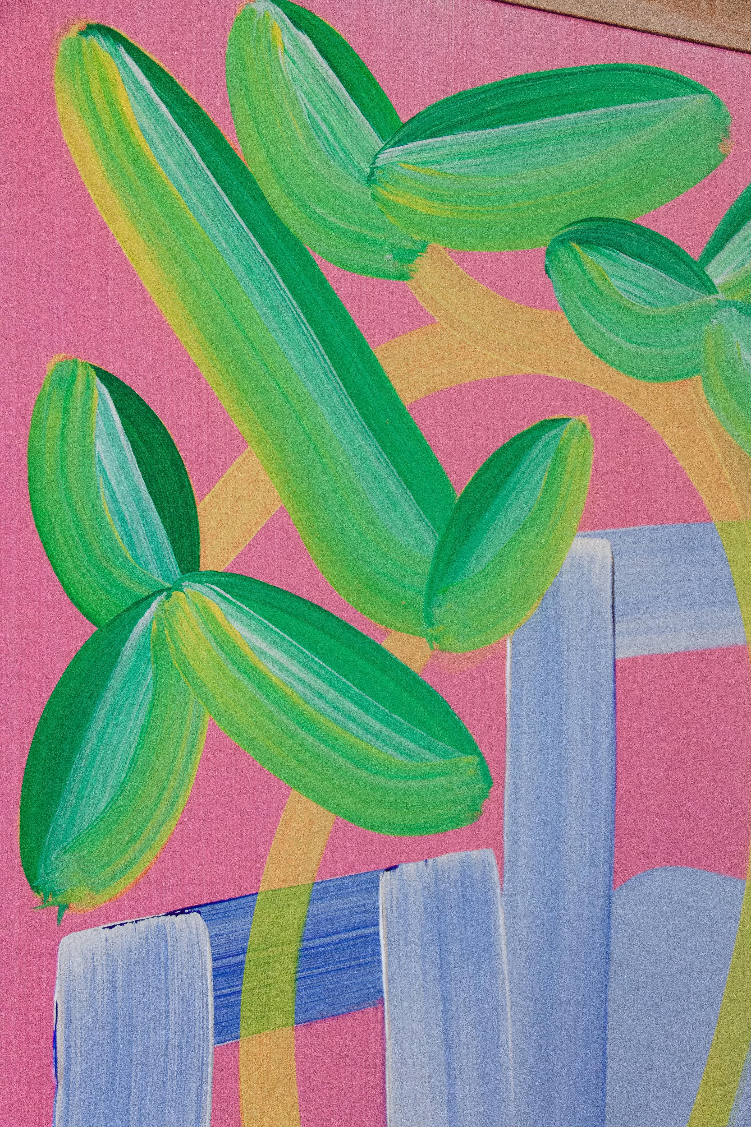 A close-up of a painting of green and yellow flowers on a pink background by Erin D. Garcia for exhibition Group 5.