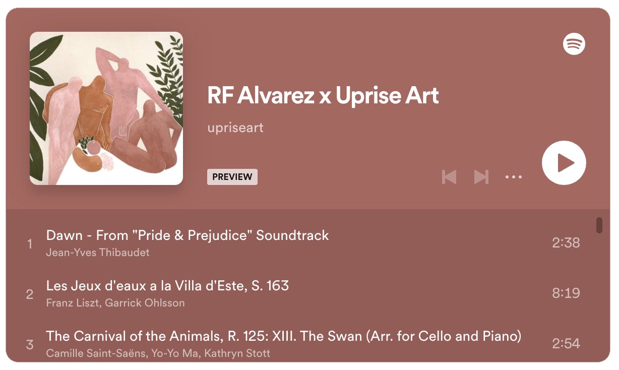 Spotify playlist curated by RF. Alvarez with mauve background.