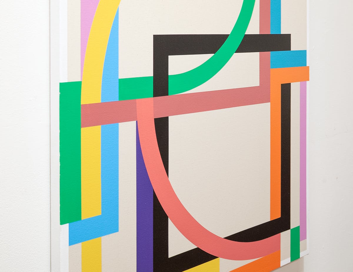 A close-up of artist Christian Nguyen's painting of colorful geometric lines titled Quartet A.