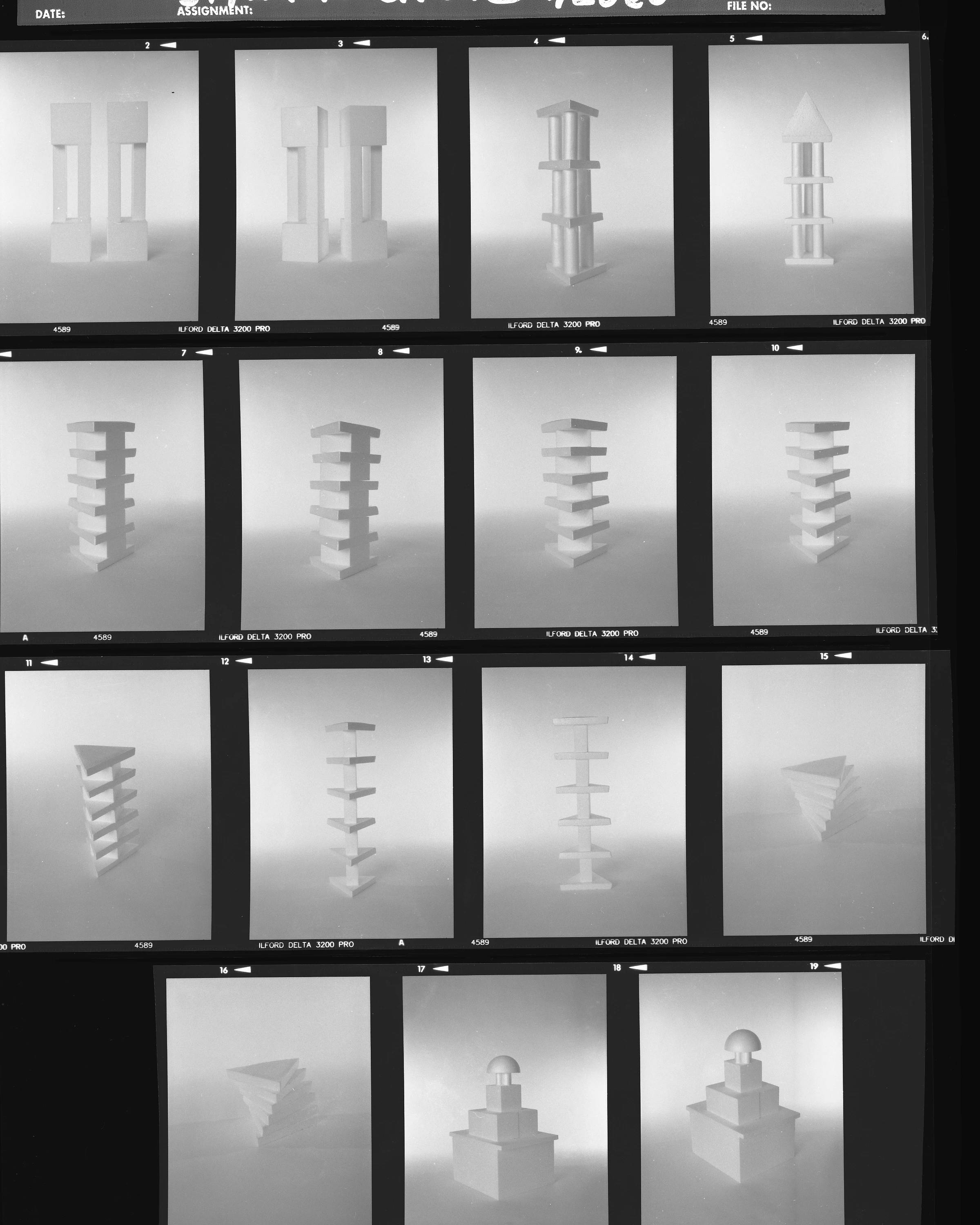 Contact sheet with black and white photographs of styrofoam sculptures by artist Adam Ryder.