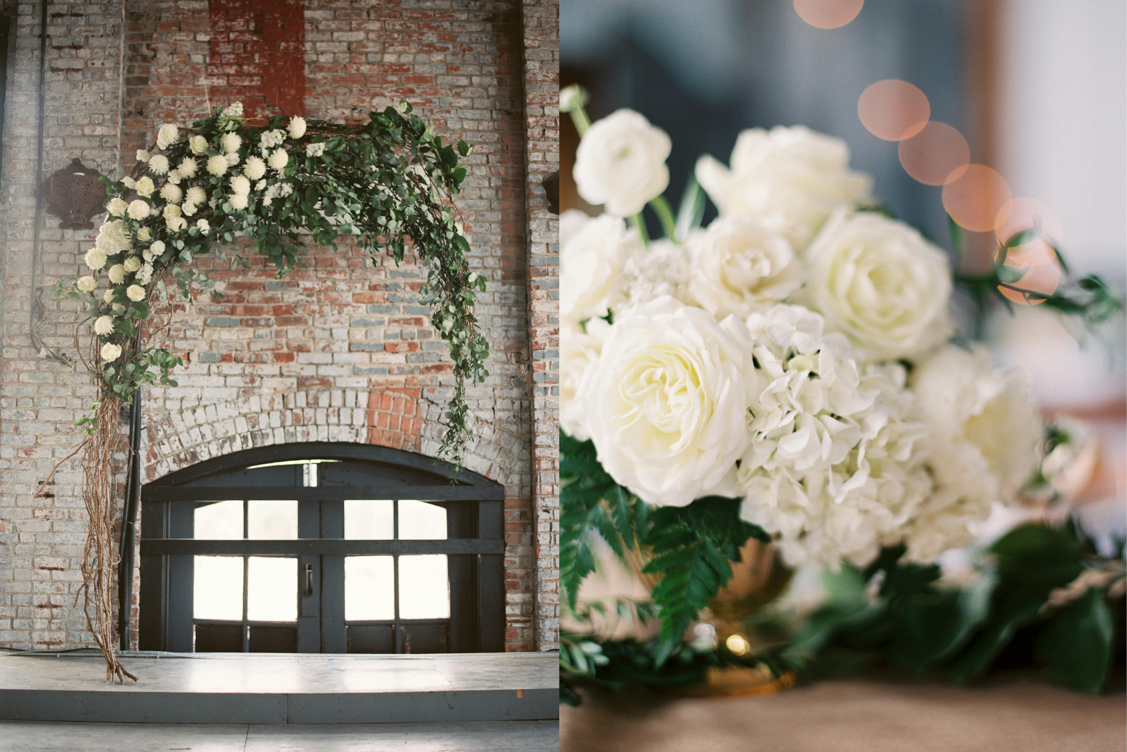 Two side by side photographs of white roses and greenery at a wedding in an industrial rustic venue.