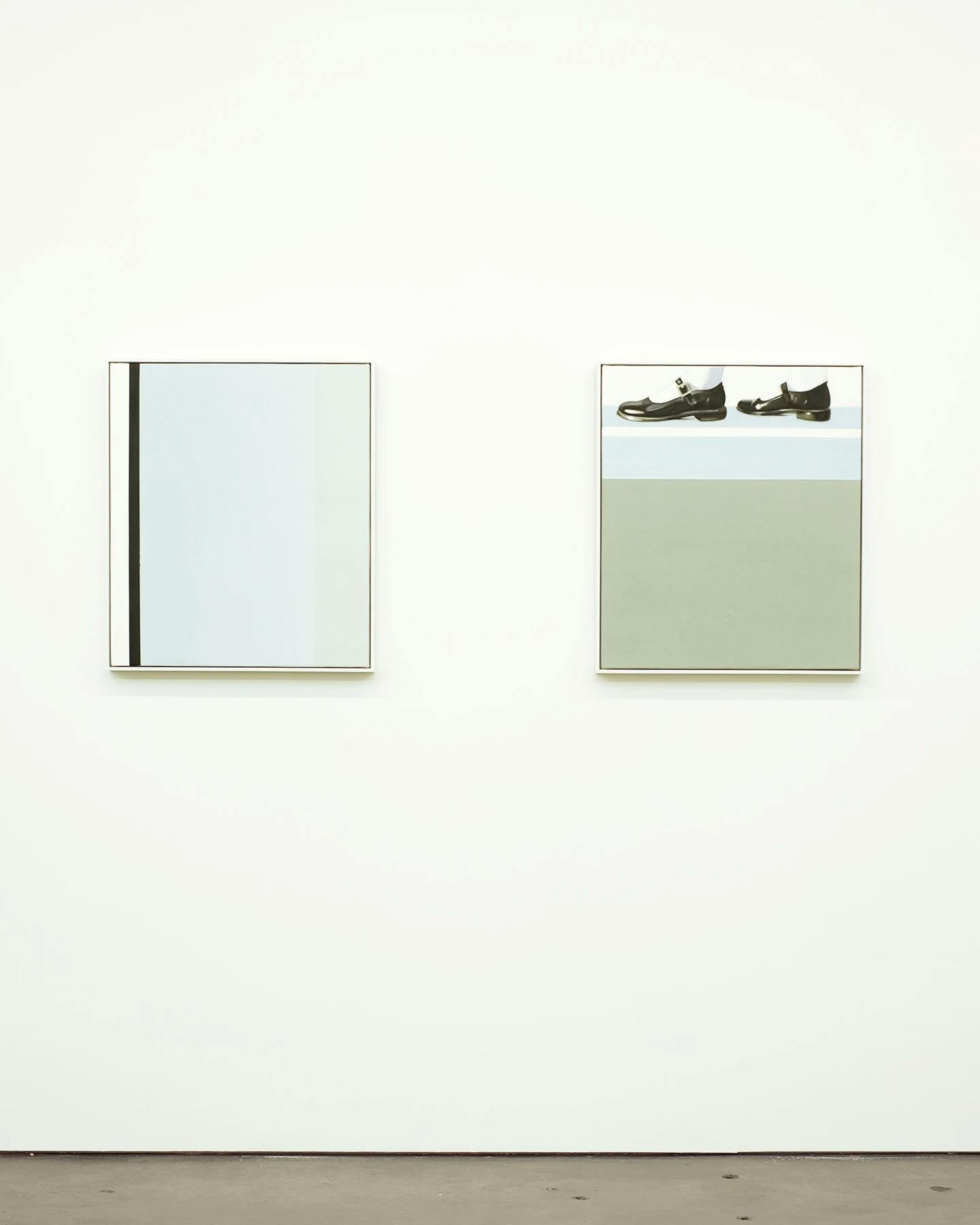 Two paintings by artist Bryce Anderson, one minimalist one and one with black shoes, installed next to each other on a white wall.