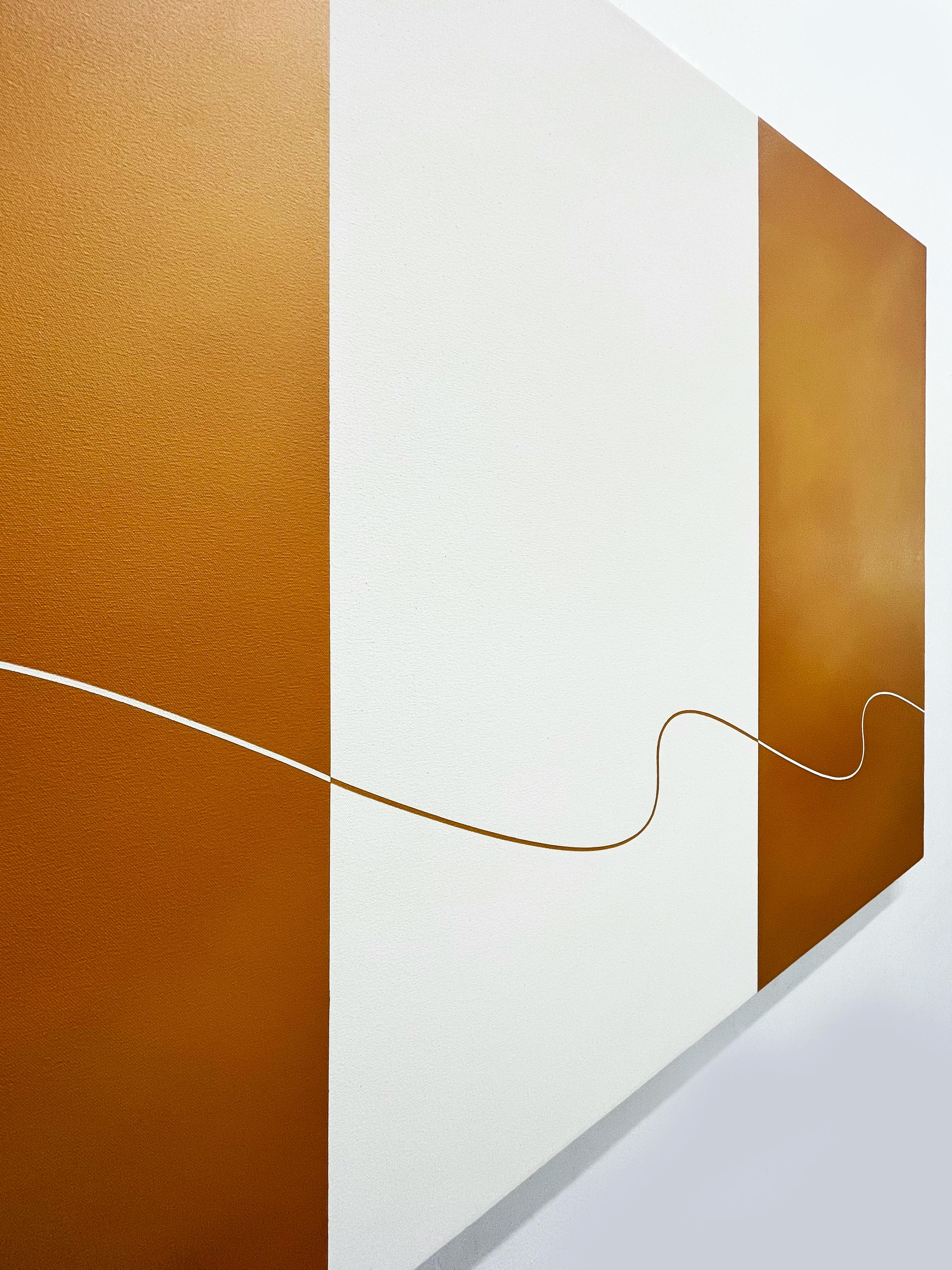 A close-up of a striped, orange and white painting by artist Senem Oezdogan.