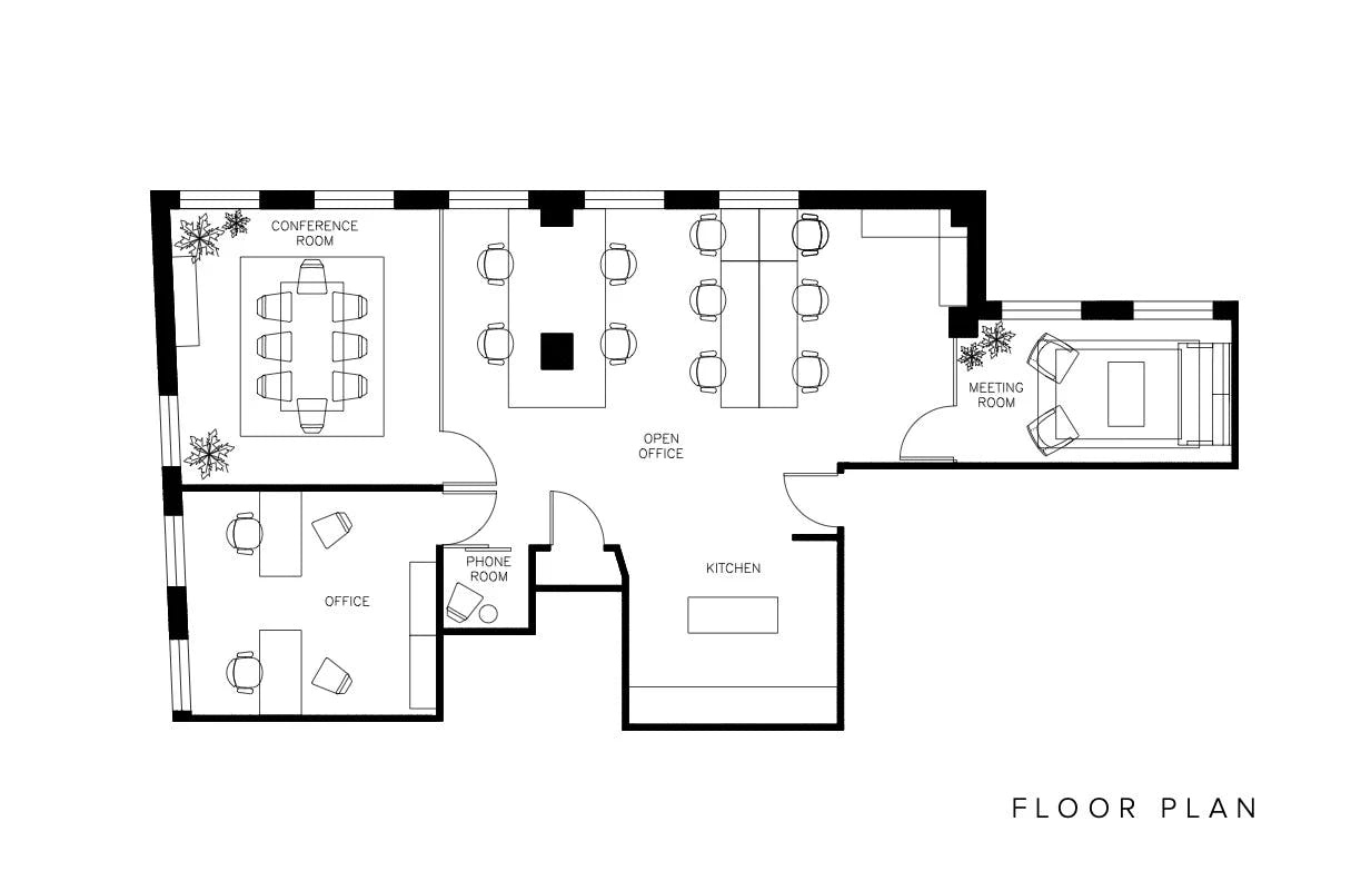 Floor plan of Klossy offices, designed by Tina Rich.