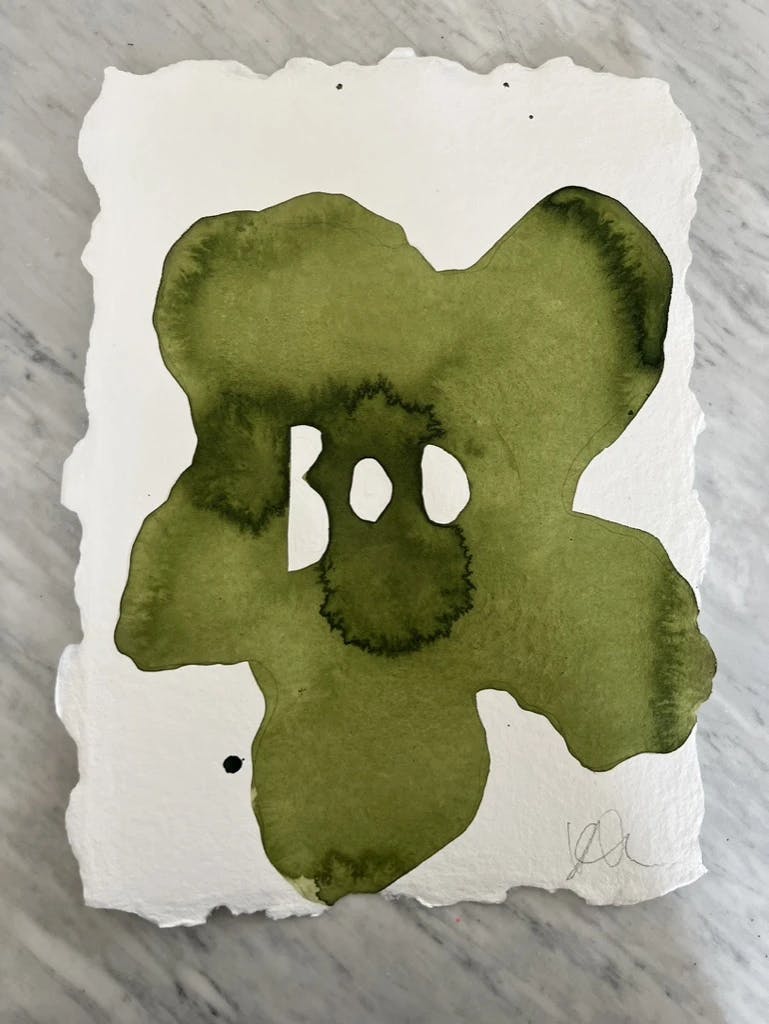 Small watercolor painting of a green flower by artist Kate Roebuck.