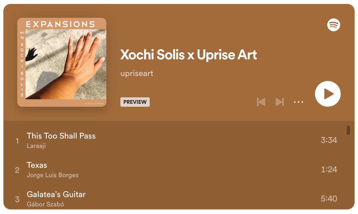 Spotify playlist curated by Xochi Solis with brown background.