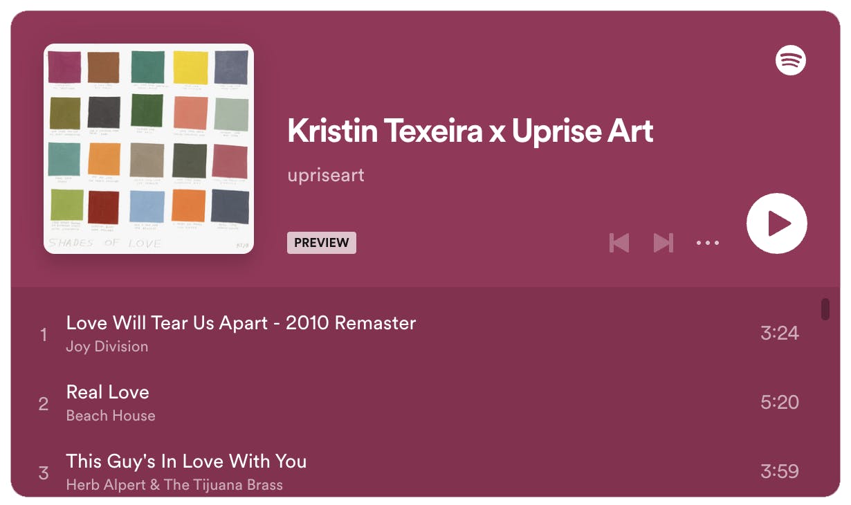 Spotify playlist curated by Kristin Texeira with magenta background.