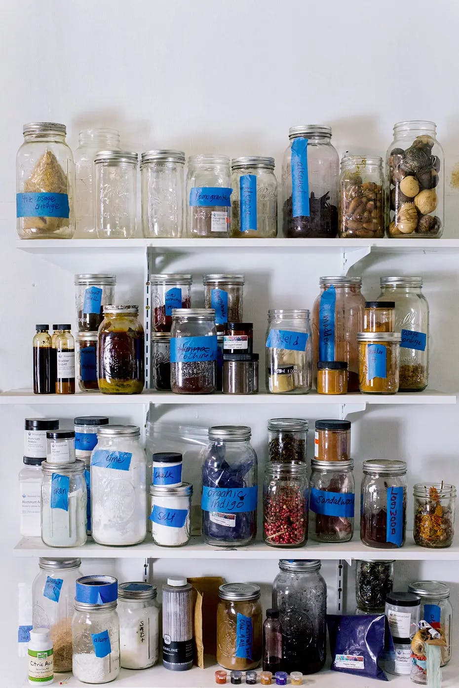 Shelves with glass jars containing organic materials for pigmentation in artist Carrie Crawford's studio.