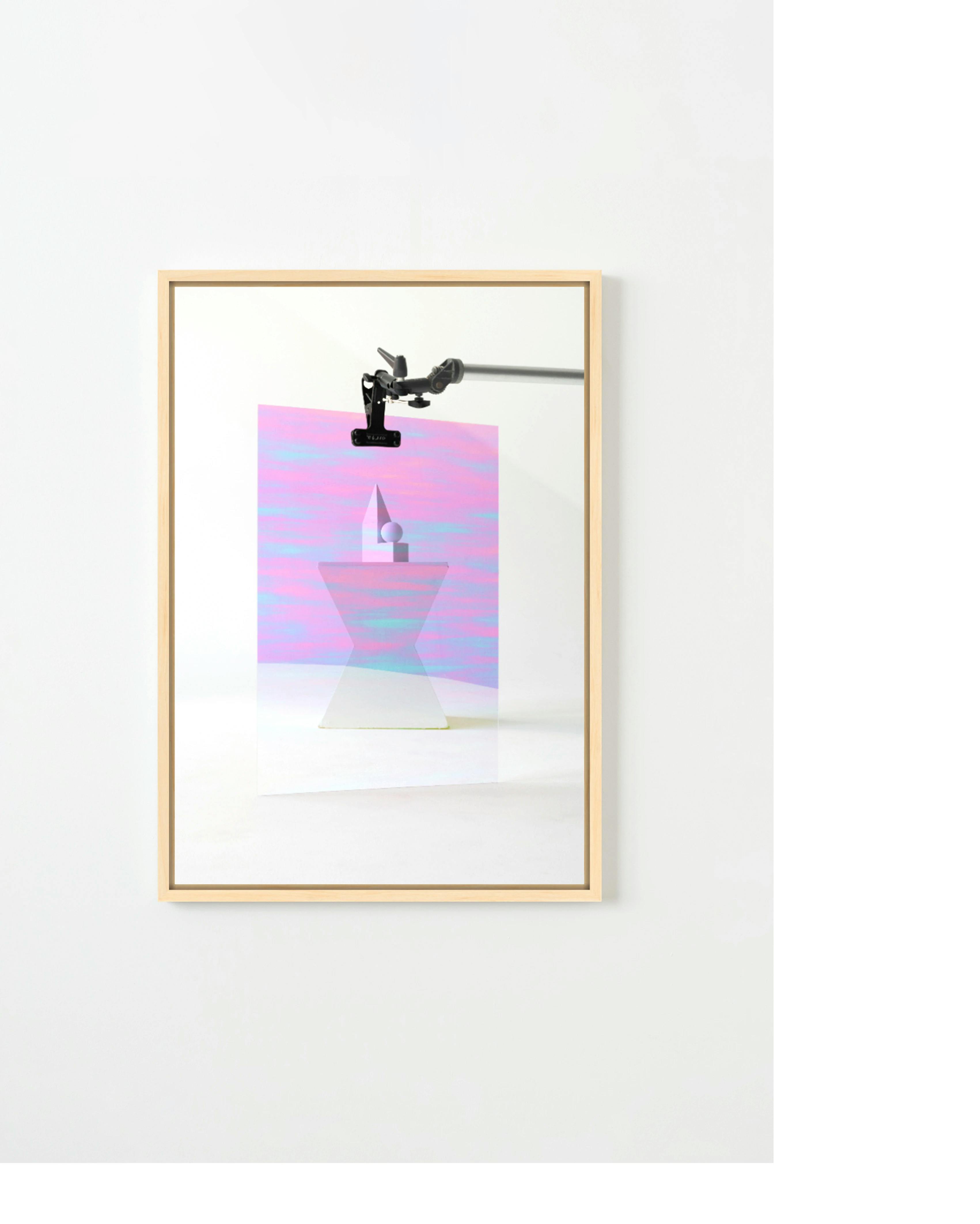Framed, purple work with geometric tower by artist Adam Ryder.