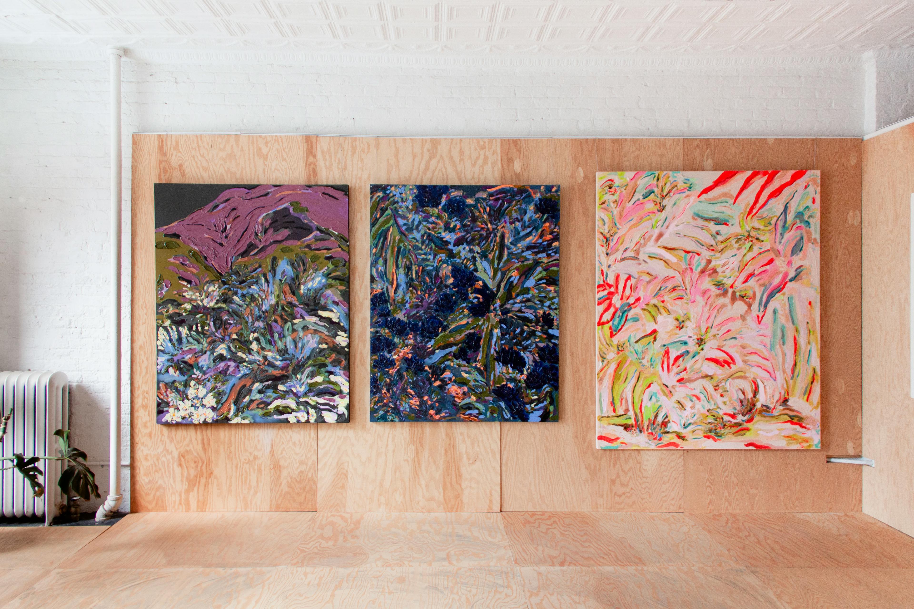 Three large floral paintings by Erin Lynn Welsh in the exhibition Give and Take.