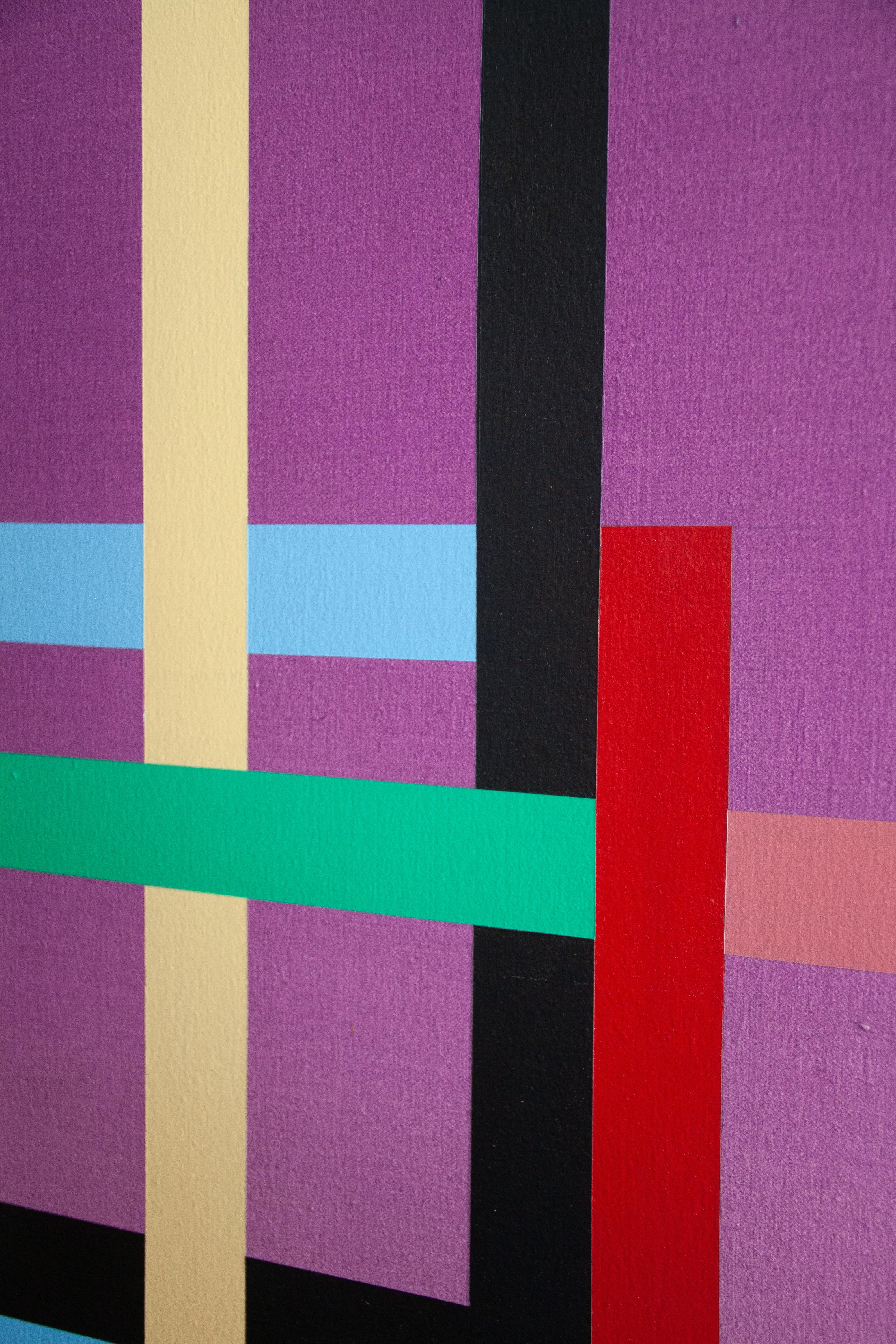 Close-up of a purple painting with intersecting, geometric lines by artist Christian Nguyen.
