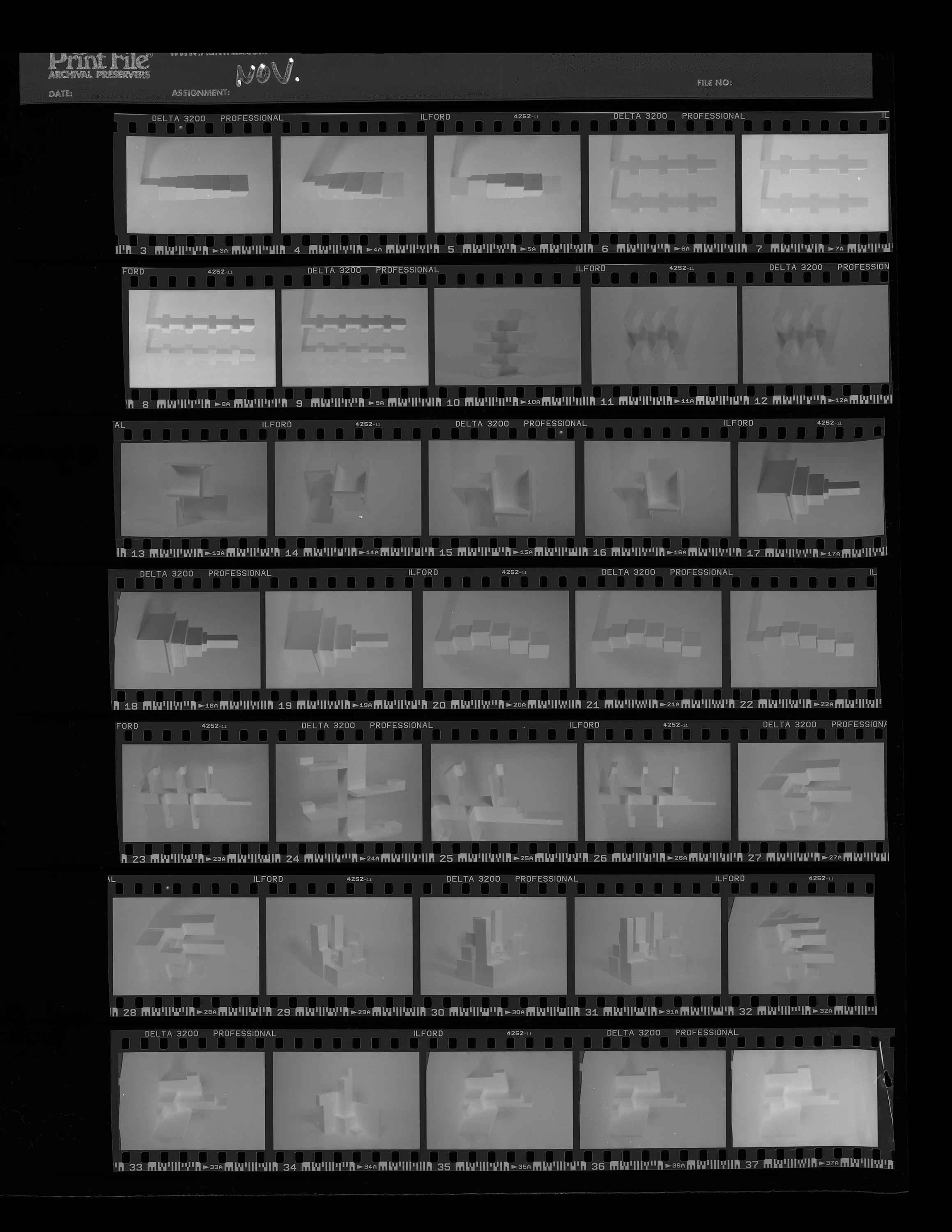 Contact sheet with individual black and white photos of styrofoam sculptures by artist Adam Ryder.