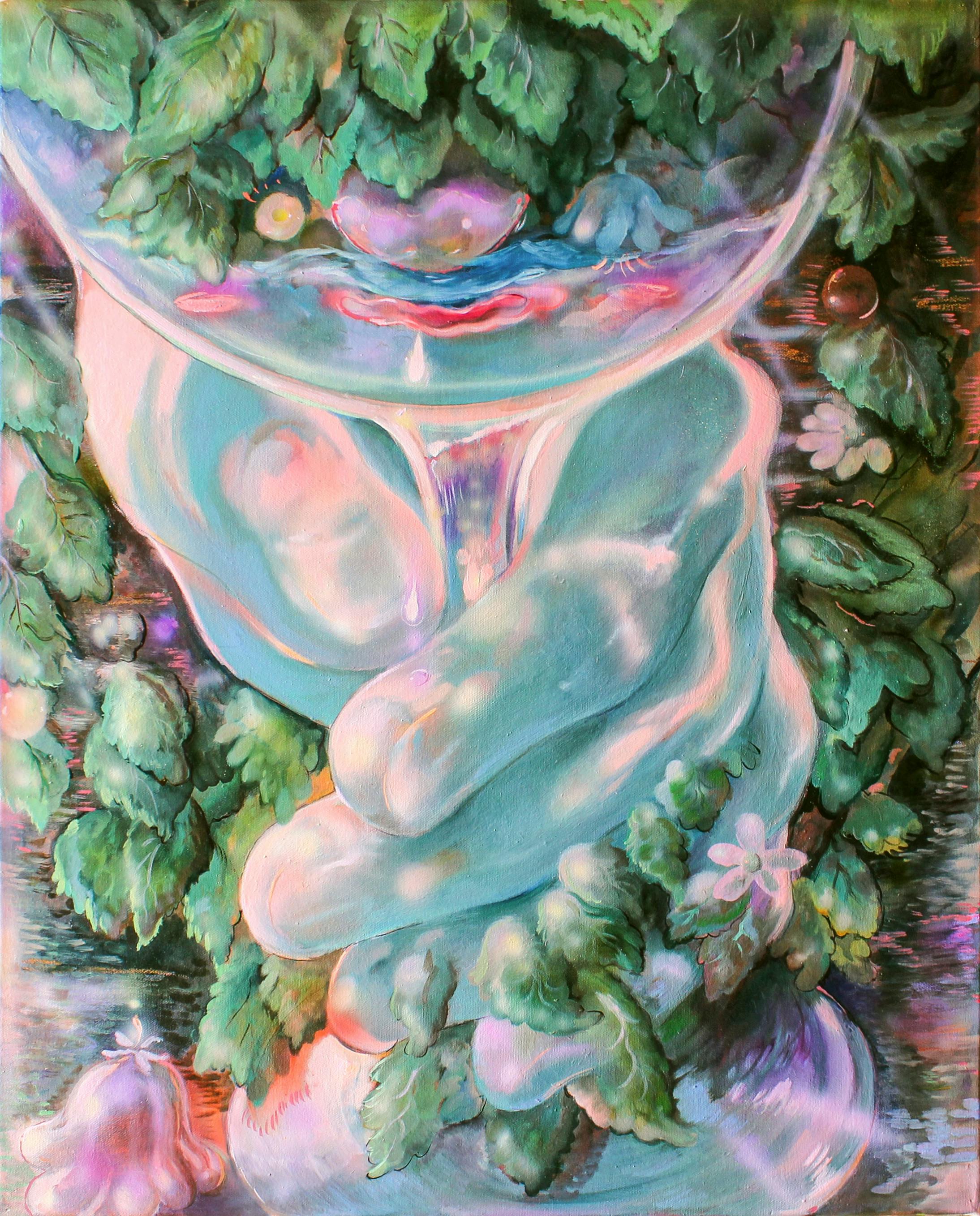 A teal, green, and pink painting of a hand holding a glass by Nefertiti Jenkins.