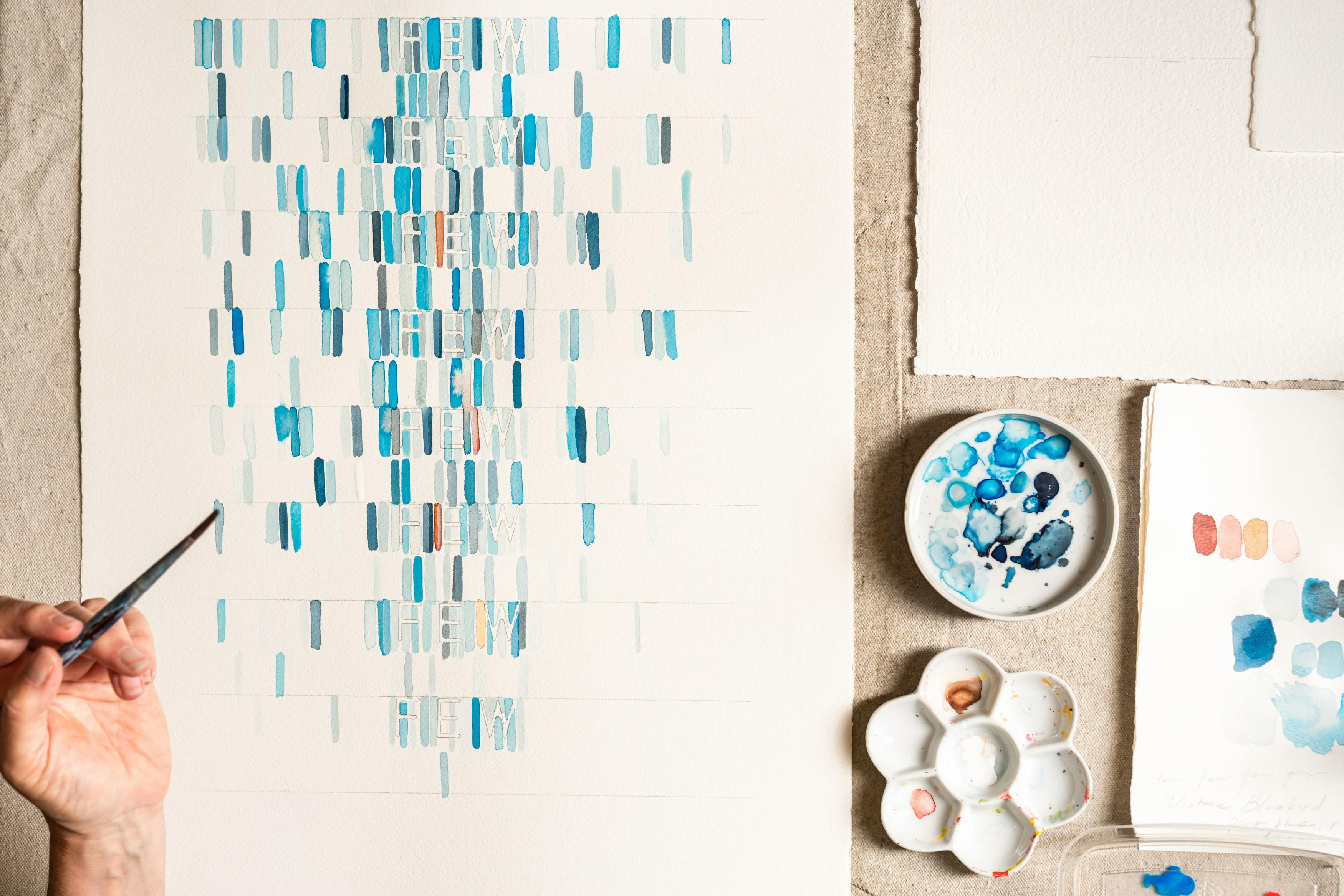 A blue, in-progress painting by artist Gail Tarantino with concealed lines of text.