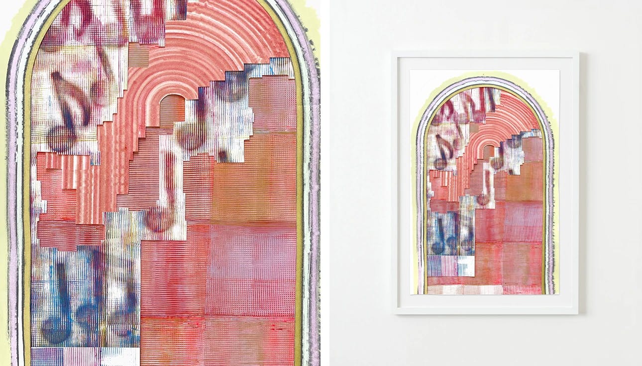 Pink collage with music notes by artist Erik Barthels, as part of our 25 one-of-a-kind anniversary gifts.