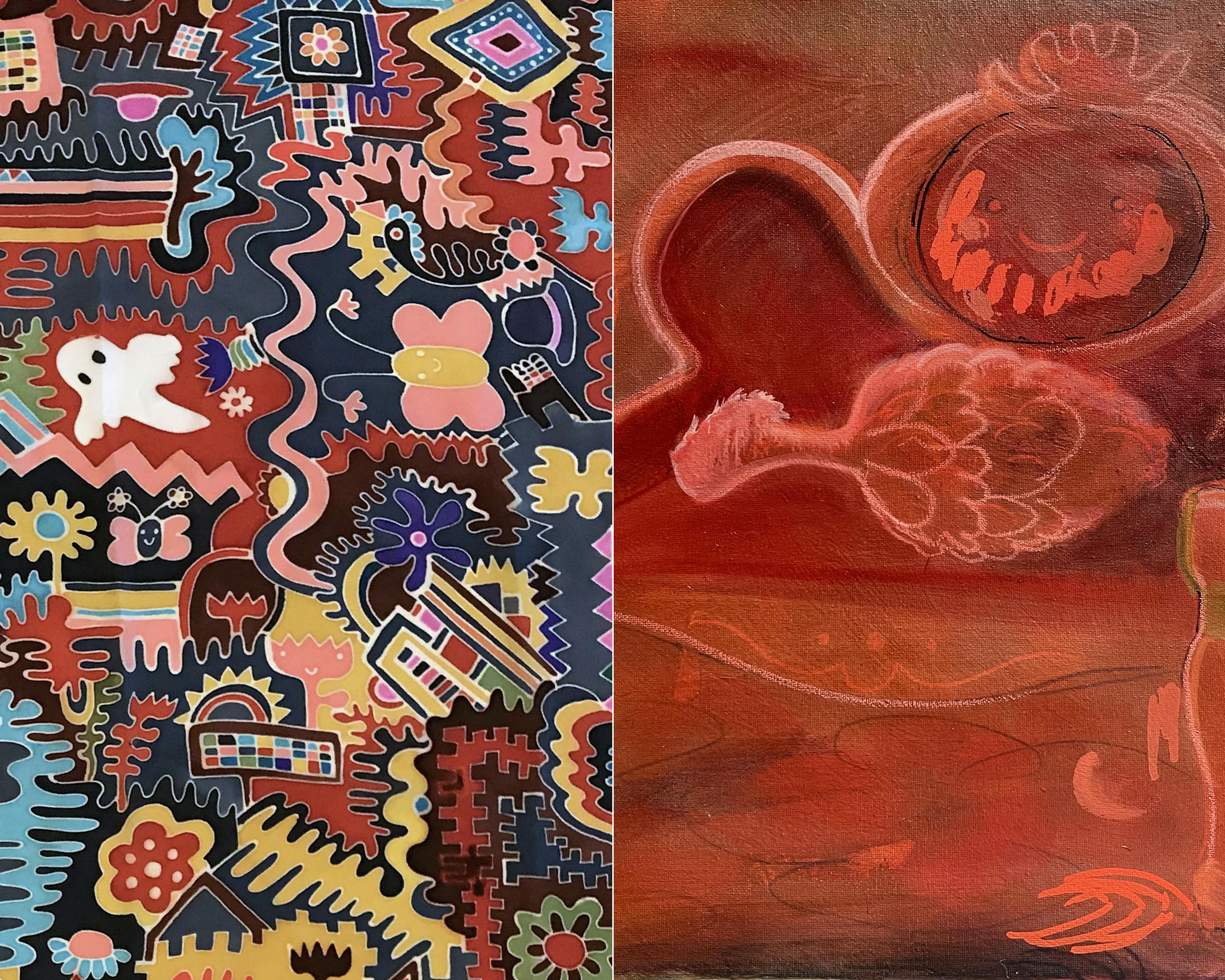 Close-up of artworks by Rebeca Raney and Nefertiti Jenkins.