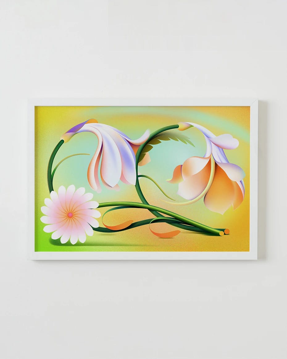An abstract floral print framed in white by Roche.