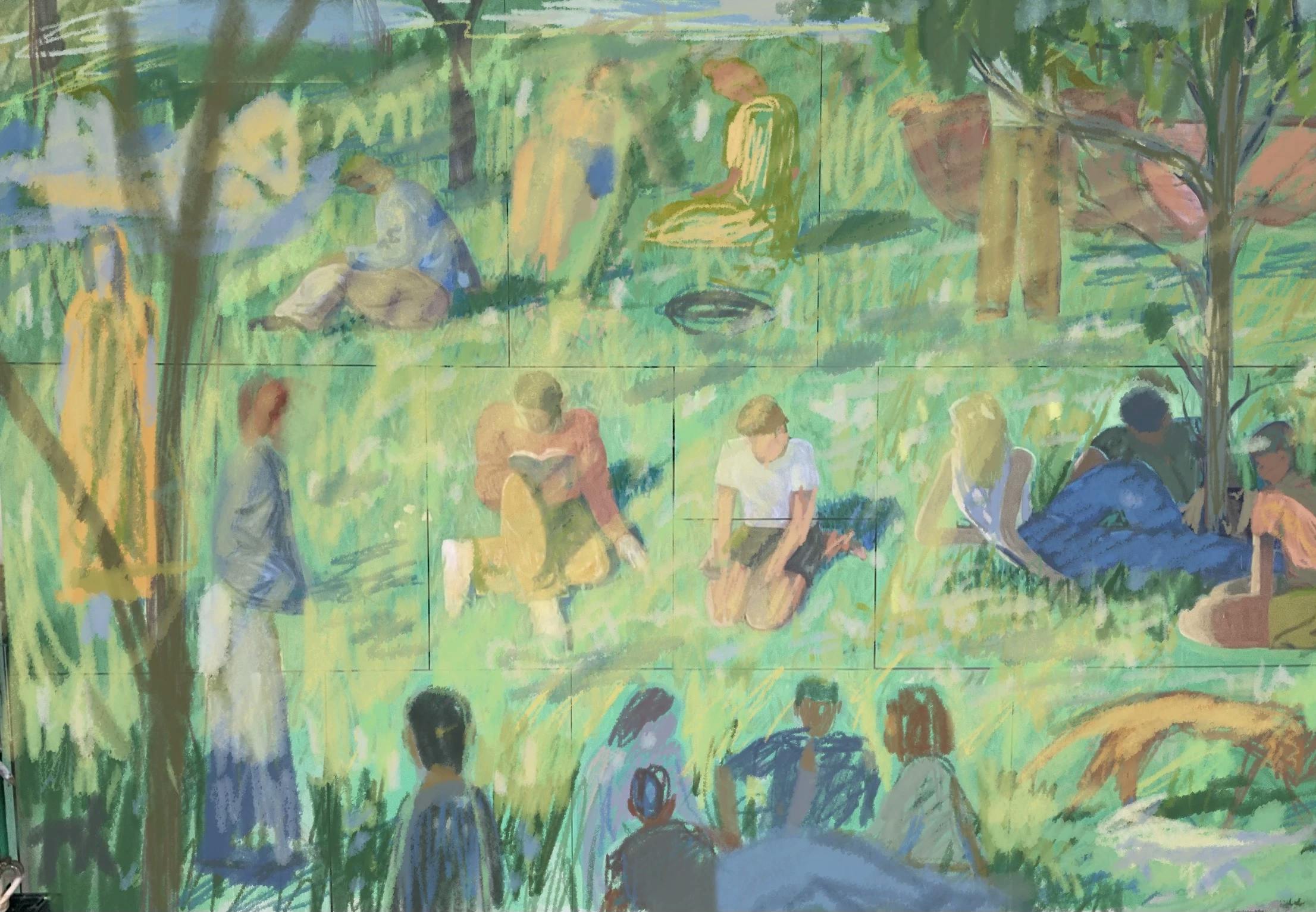An uncompleted version of artist Jackson Joyce's large-scale installation comprised of individual paintings of figures in a grassy park.