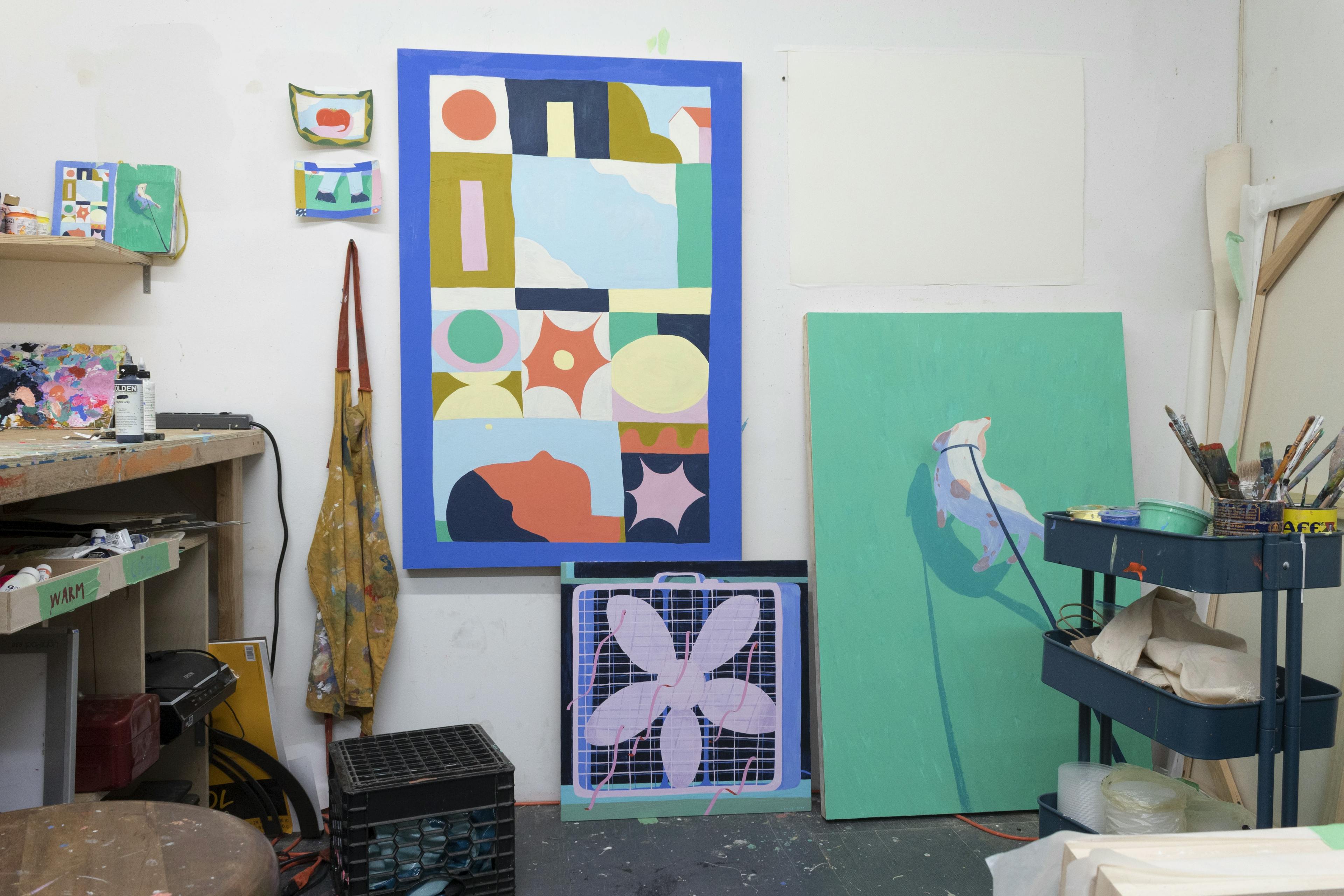 Graphic, colorful paintings in artist Jackson Joyce's Brooklyn studio.