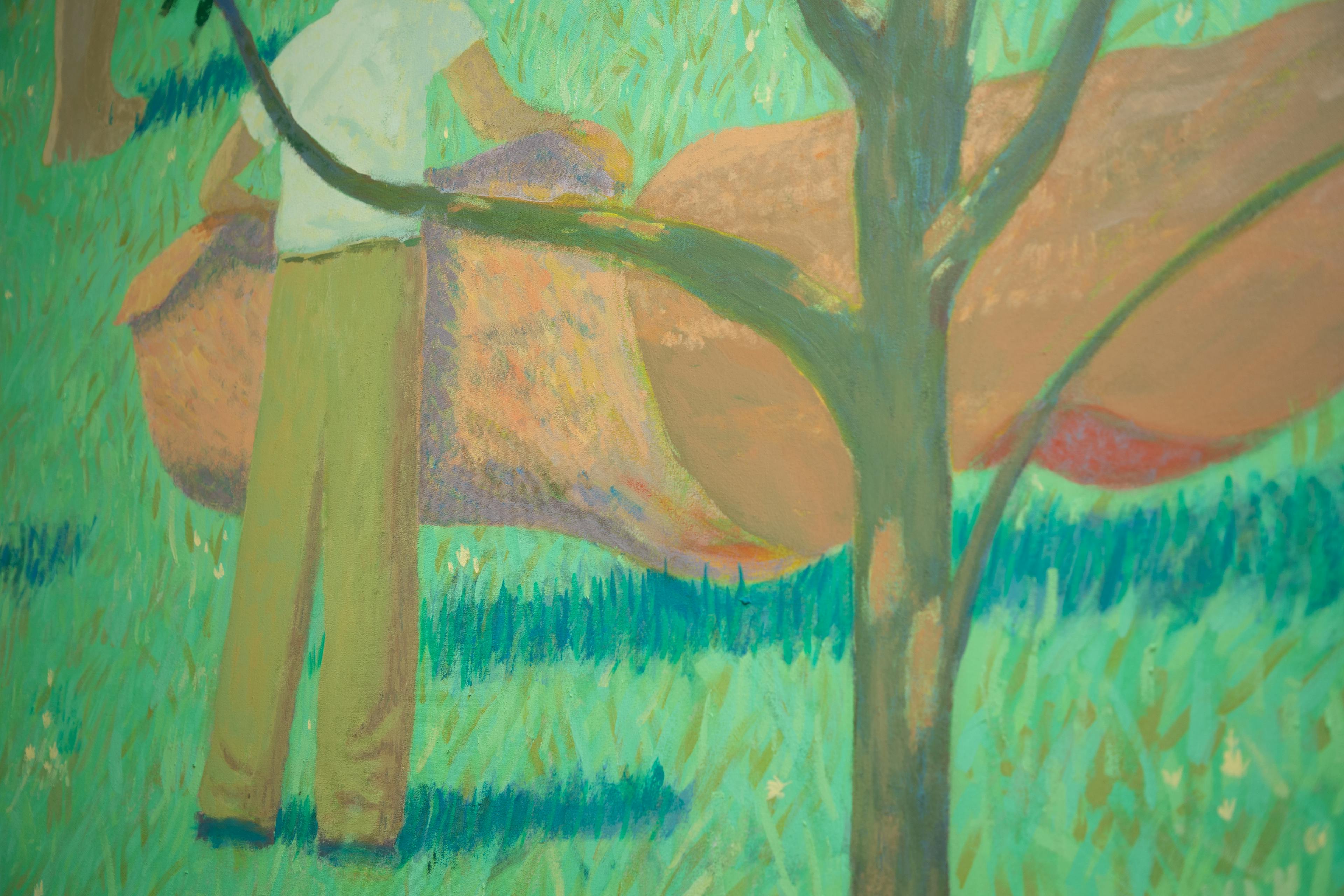 A close-up of painting by artist Jackson Joyce with a figure laying out an orange picnic blanket in a grassy field.