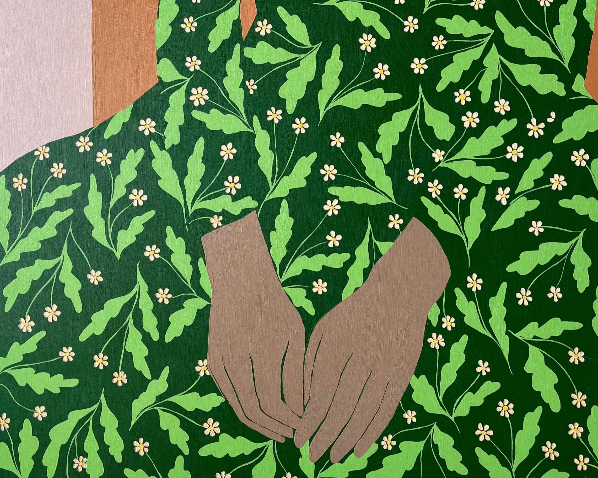 Painting of hands on top of a green floral dress by Carmen McNall.