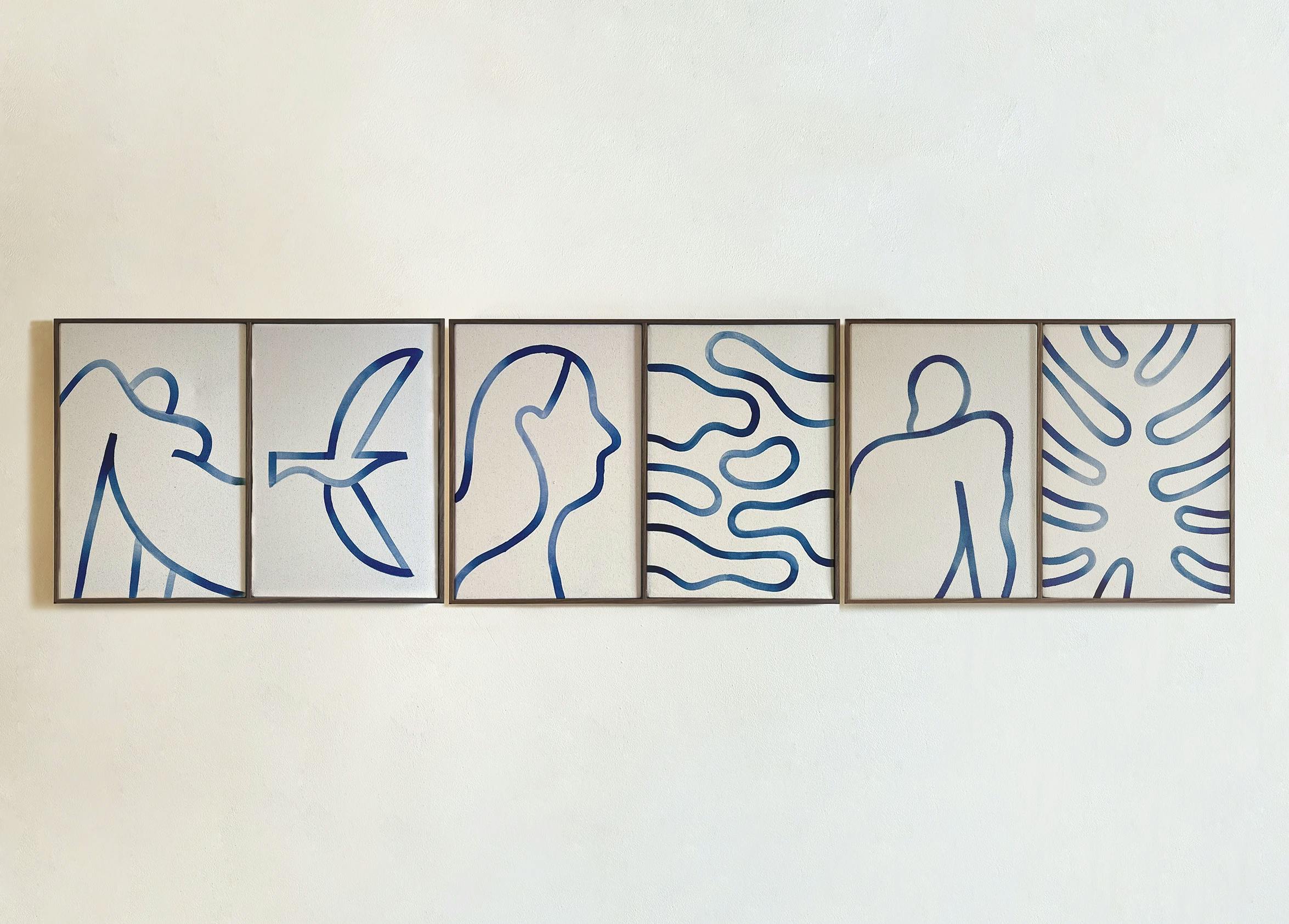 A row of three diptychs made from thin, blue brushstrokes by artist Lourenço Providência.