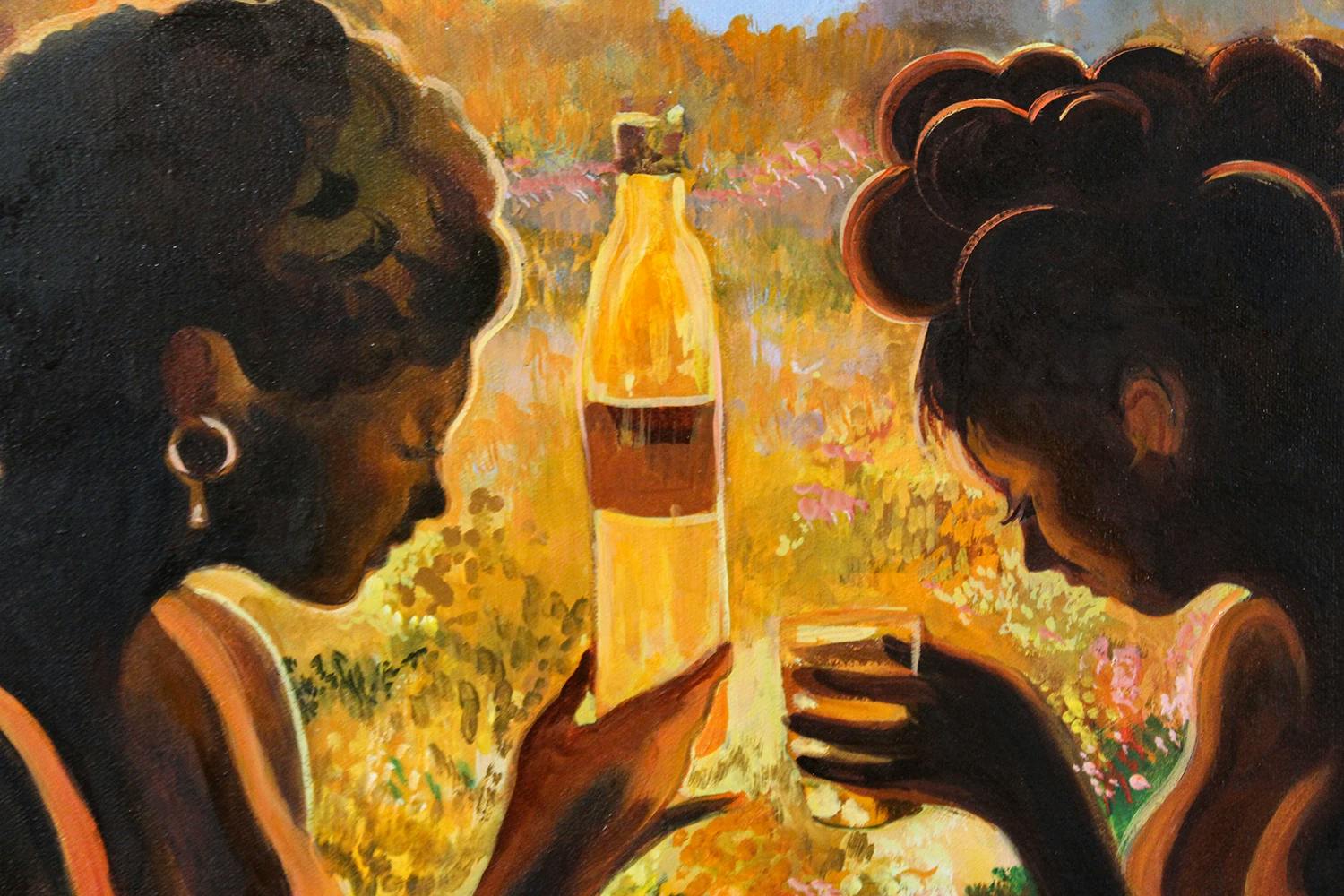 Close-up of a figurative painting by artist Nefertiti Jenkins of two women sharing a drink in a secluded field.