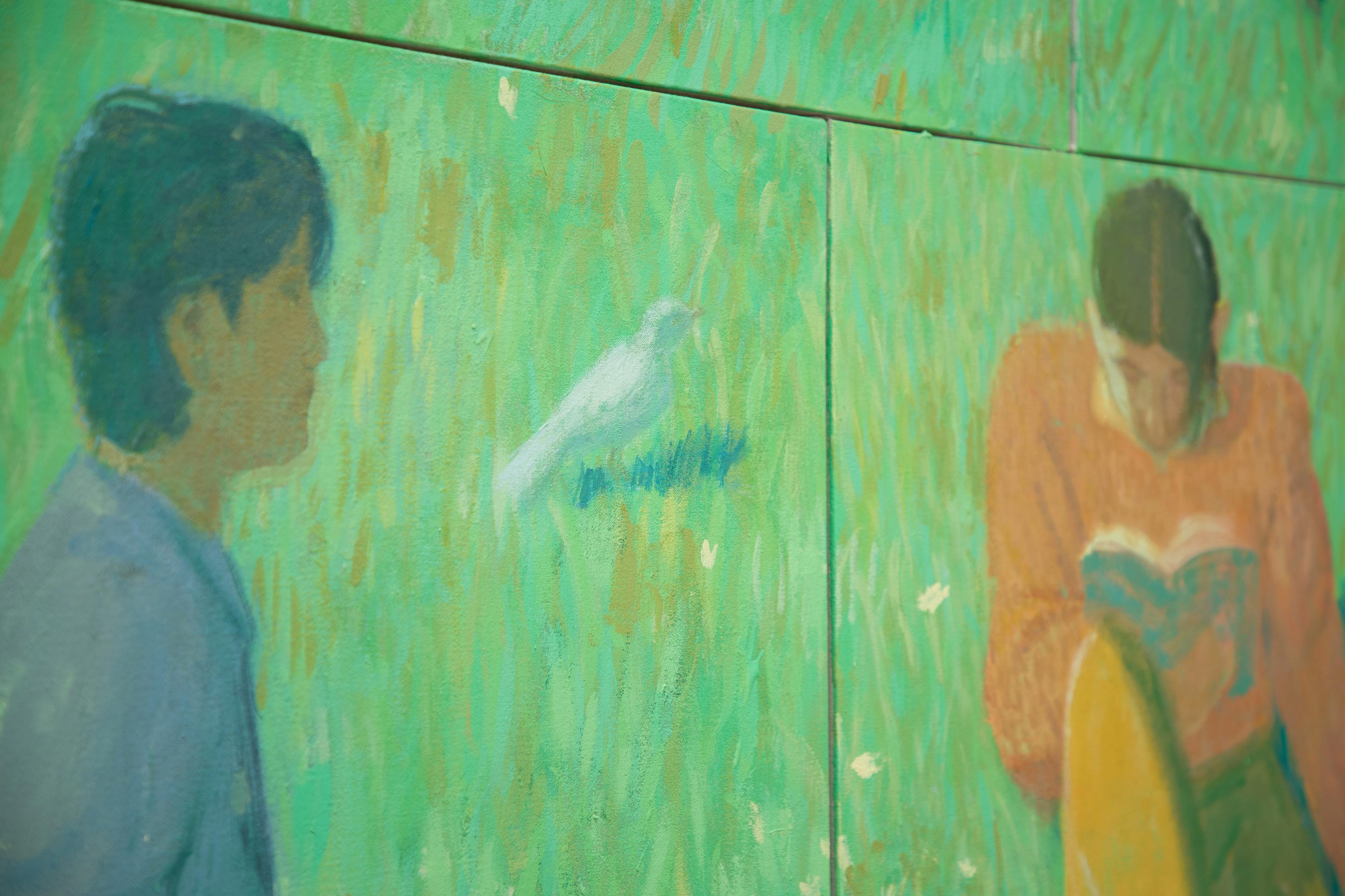 A close-up of two figures and a white bird within artist Jackson Joyce's painting.