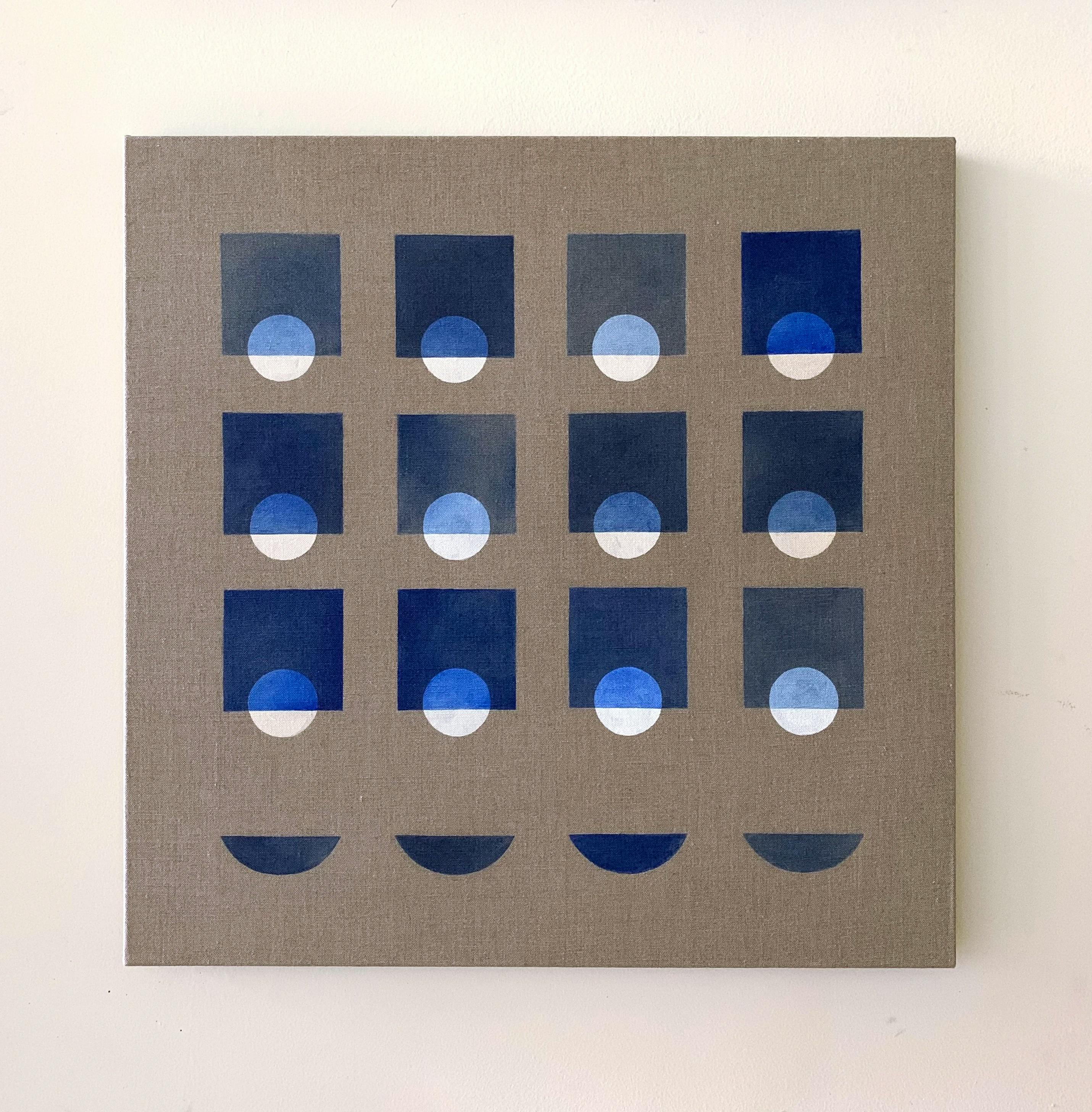 Grey oil painting on linen with a grid of repeating blue rectangles and circles by artist Carla Weeks.