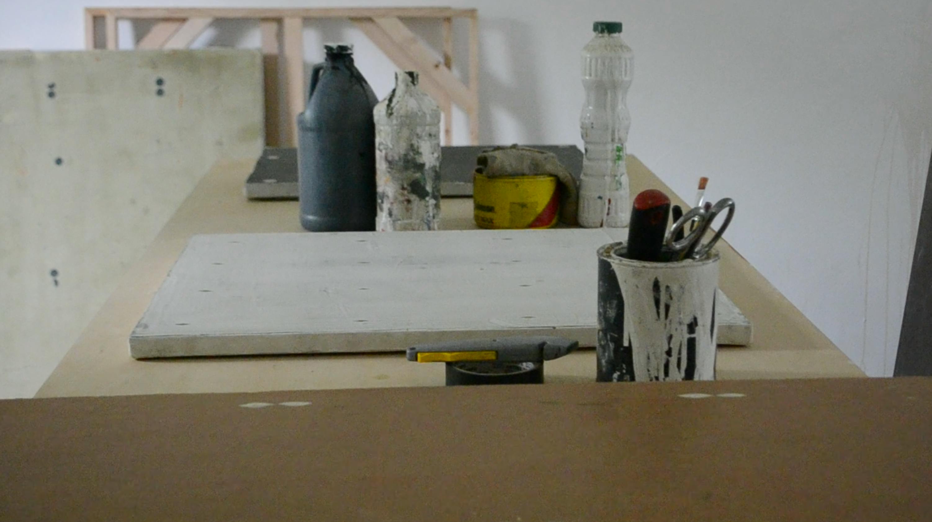 Minimalist canvases in-progress in artist Clay Mahn's studio.