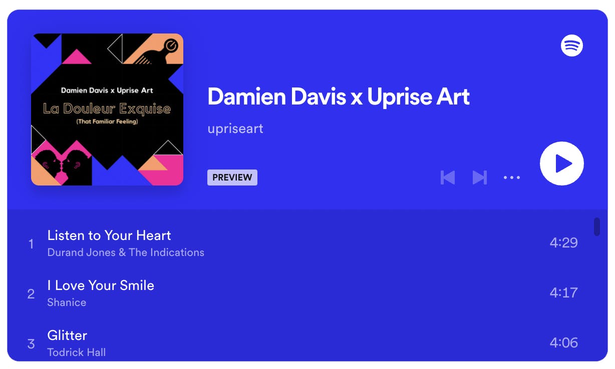 Spotify playlist curated by Damien Davis with blue background.
