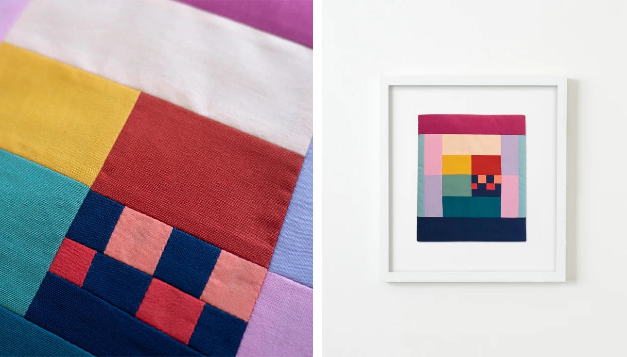 A colorful, geometric textile work by artist Liesl Pfeffer, as part of our 25 one-of-a-kind anniversary gifts.