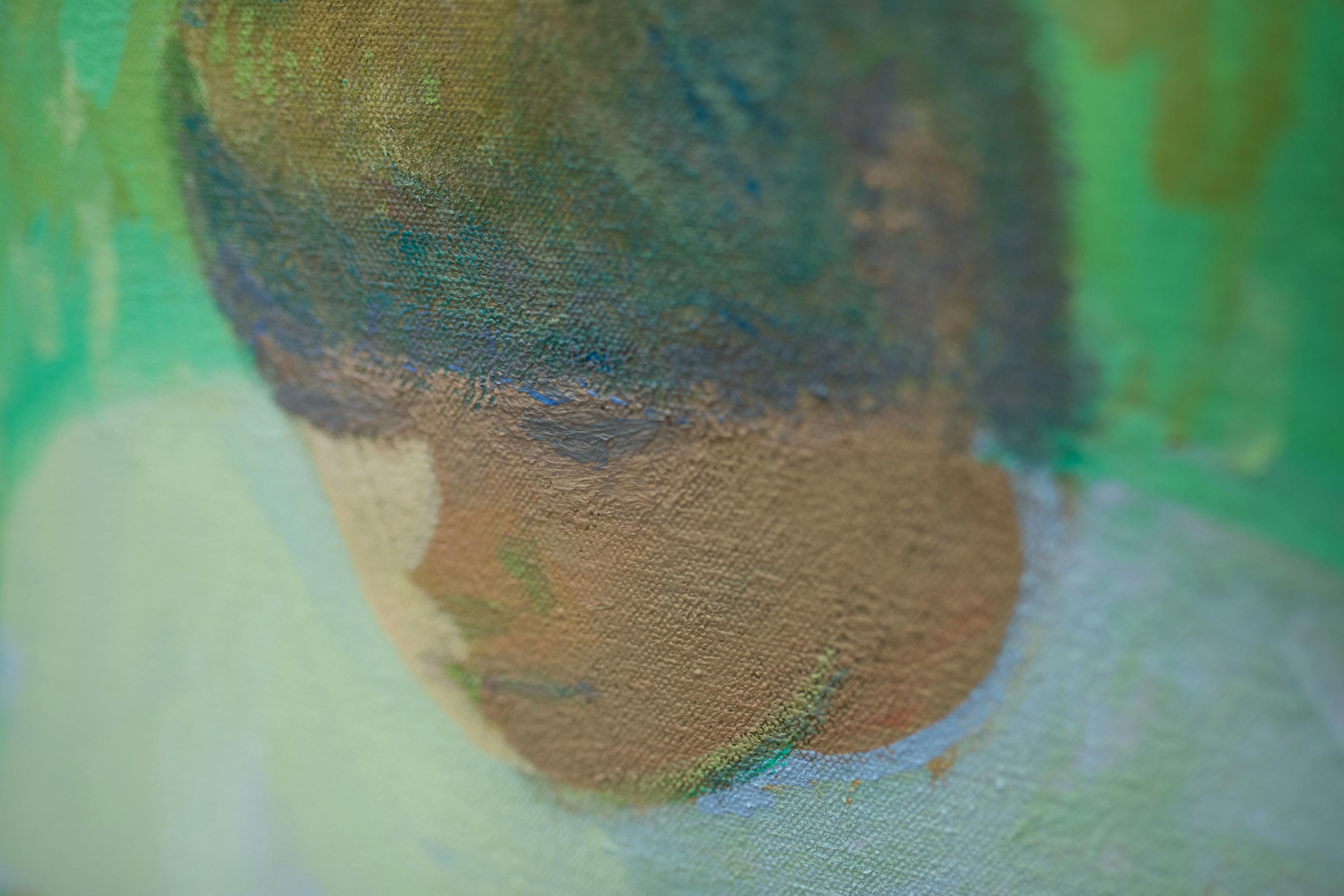 A close-up of a boy's face within a figurative painting by artist Jackson Joyce.