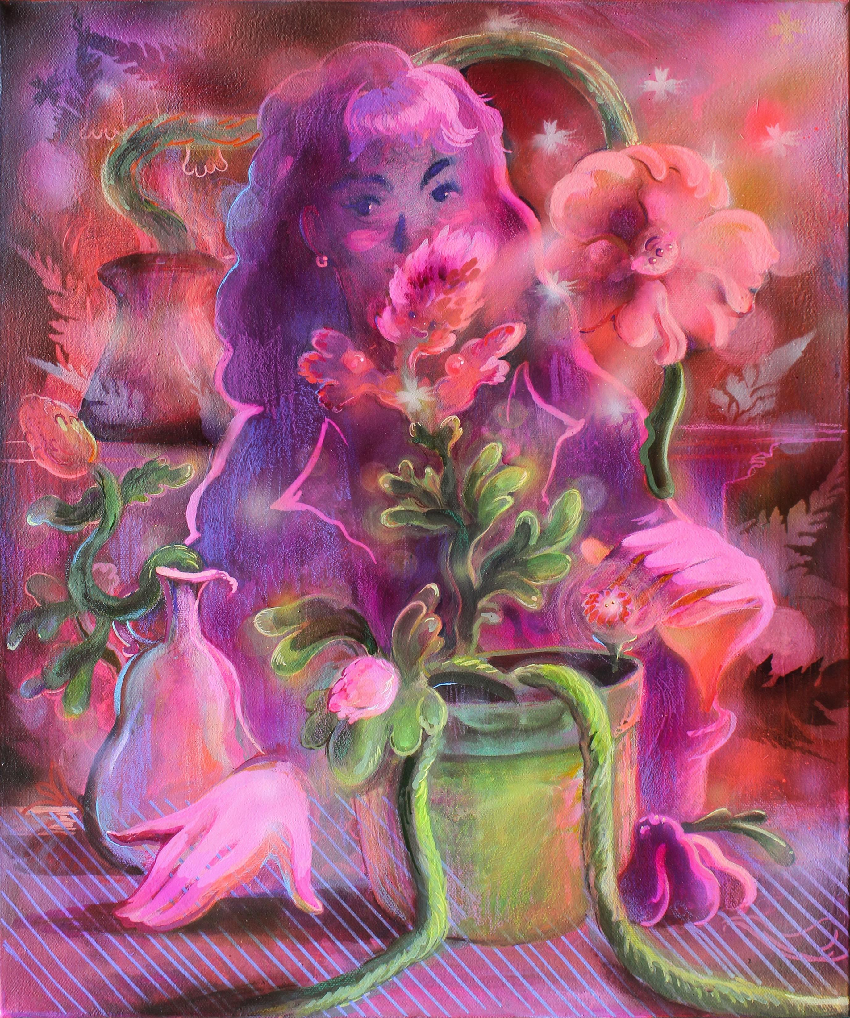 Pink painting of a figure behind a flower pot by Nefertiti Jenkins.