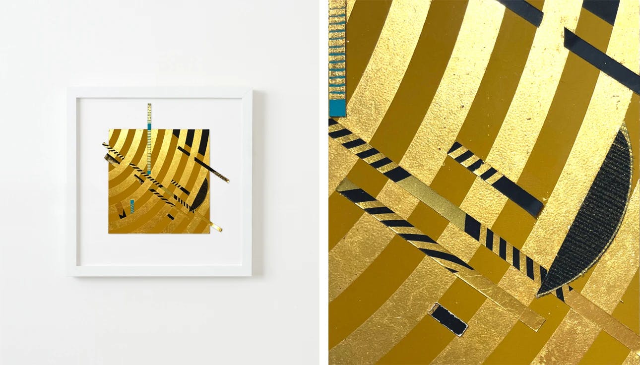 Geometric collage with gold leaf by artist Lisa Hunt, as part of our 25 one-of-a-kind anniversary gifts.