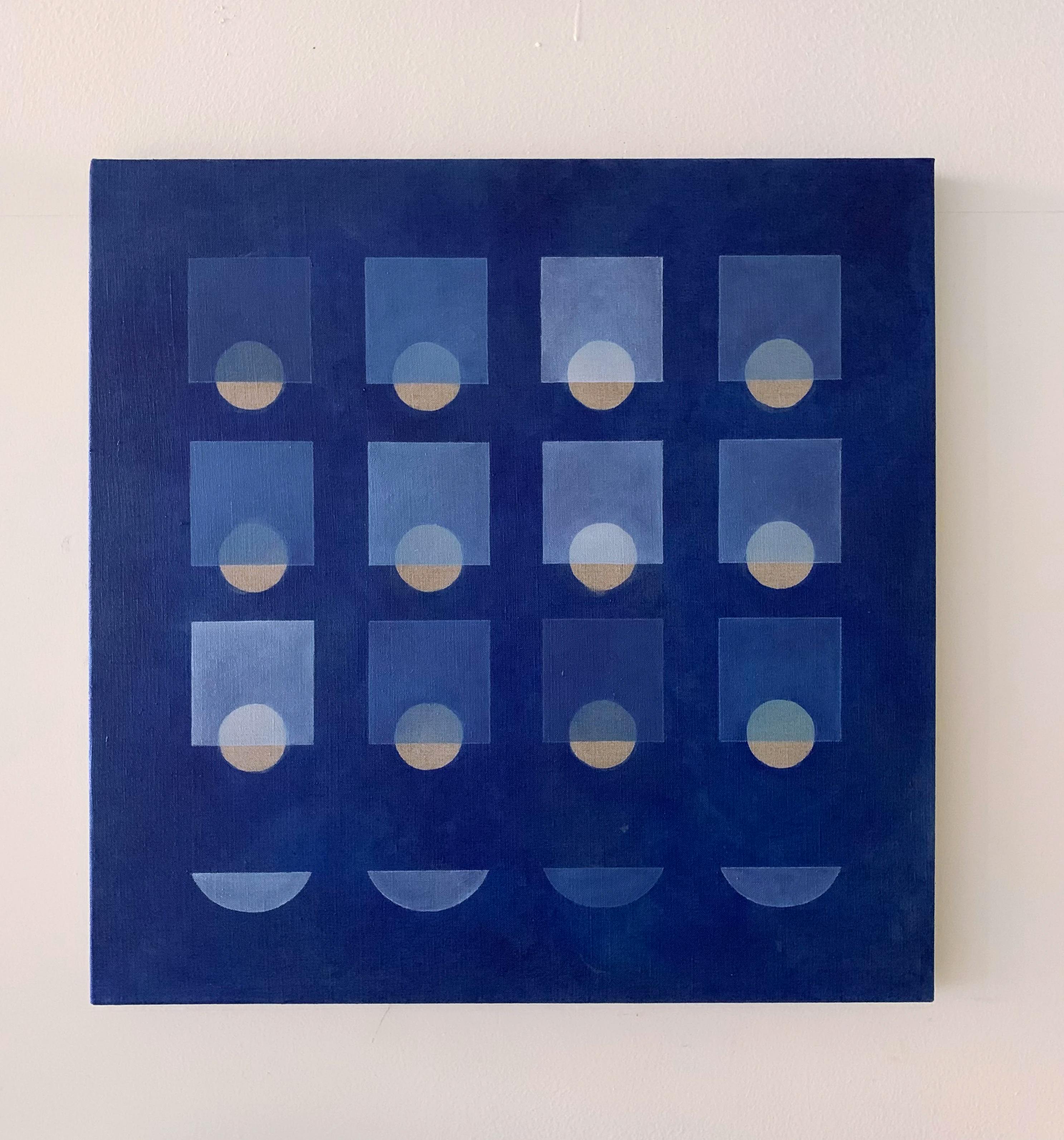 Geometric blue painting with a grid of squares overlaid with circles by artist Carla Weeks.