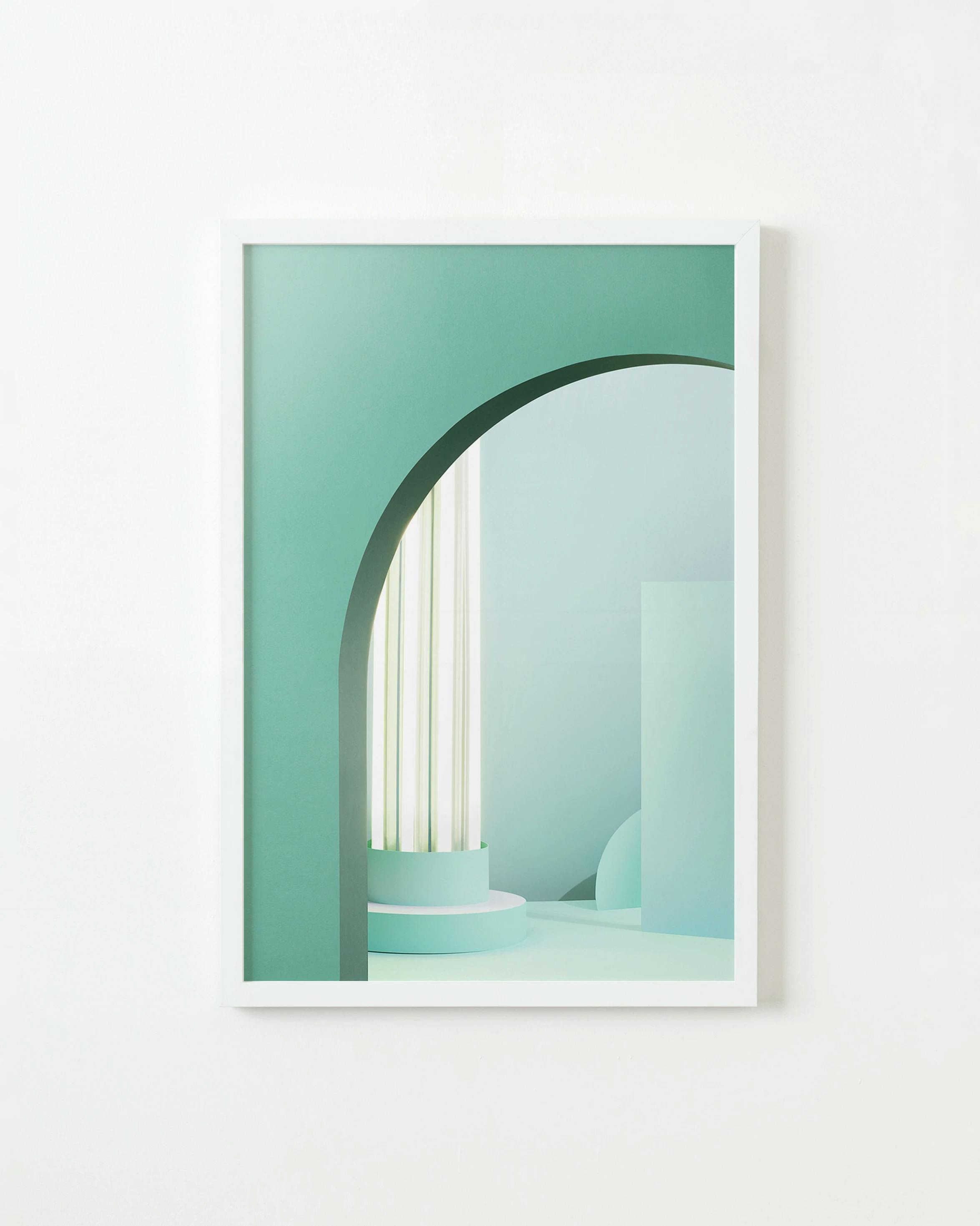 Framed light green print of surrealist architecture by artist Martina Lang.
